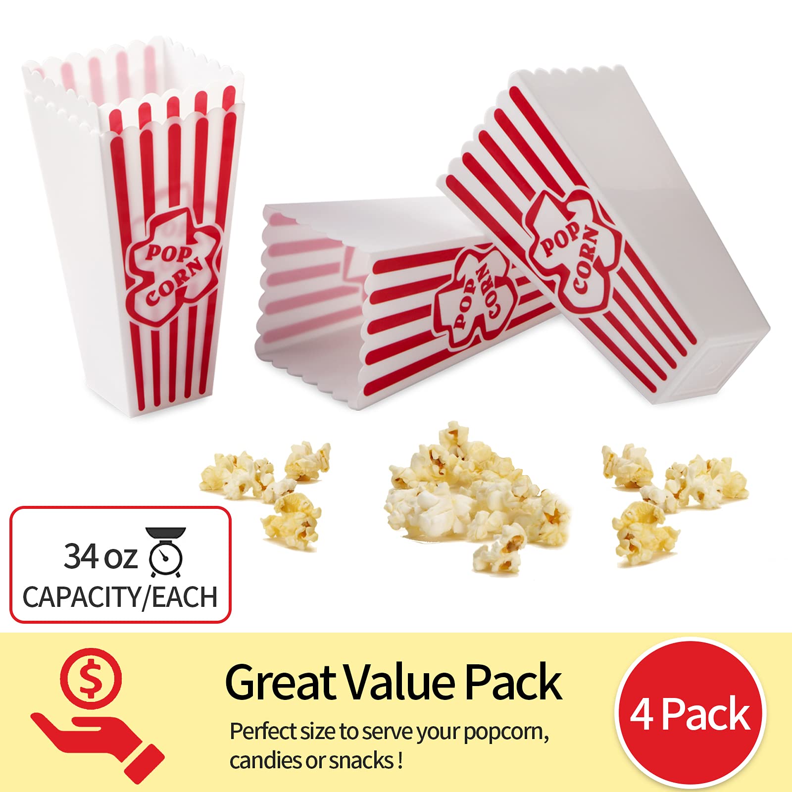Plastic Popcorn Containers Red & White Striped Retro Style Reusable Popcorn Boxes for Movie Night 4   x8    - 6 Pack
