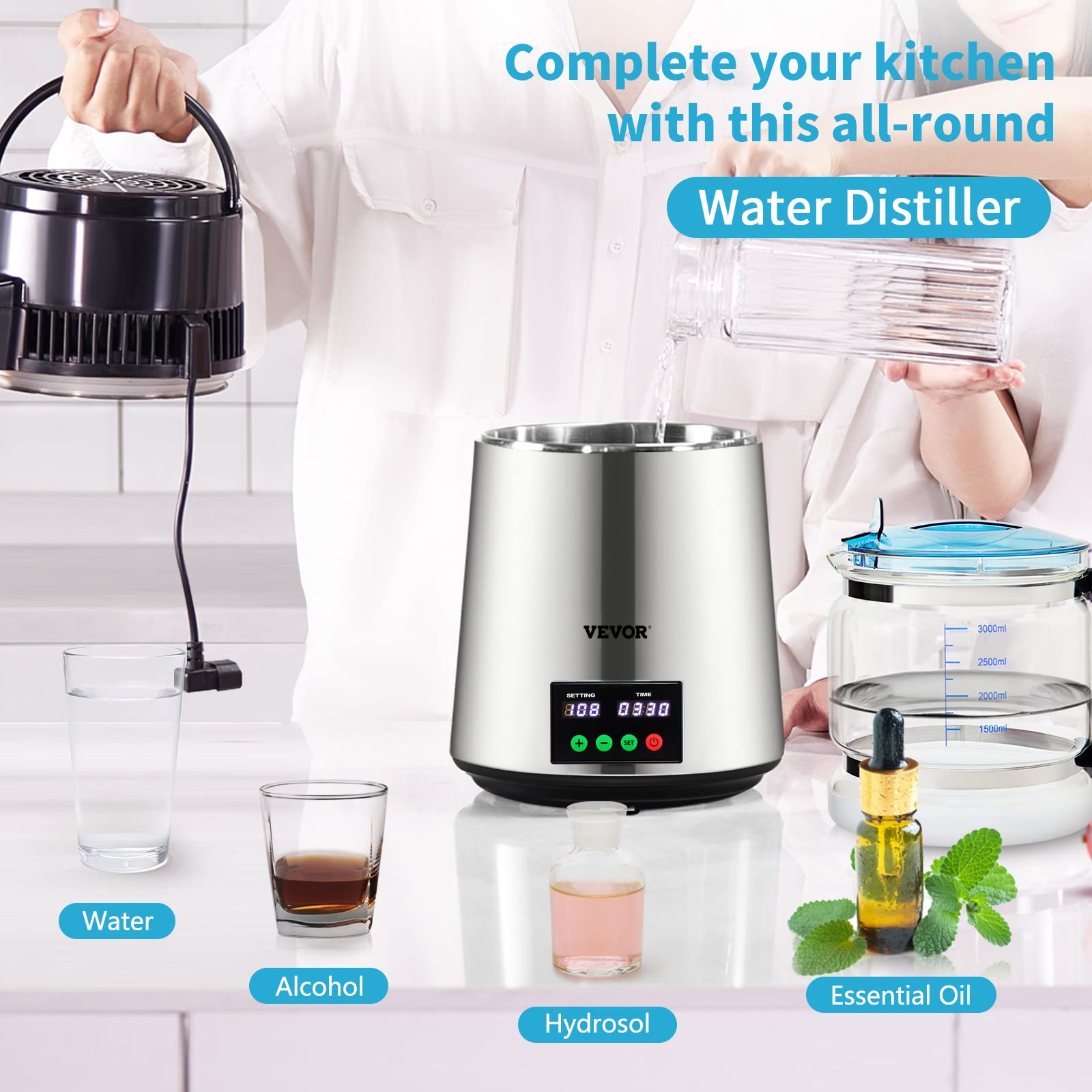 Vevor 1.1 Gal Water Distiller, 0.3 Gal/H, Distilled Water Maker Machine, 750W, 304 Stainless Steel Countertop Distiller, Glass C