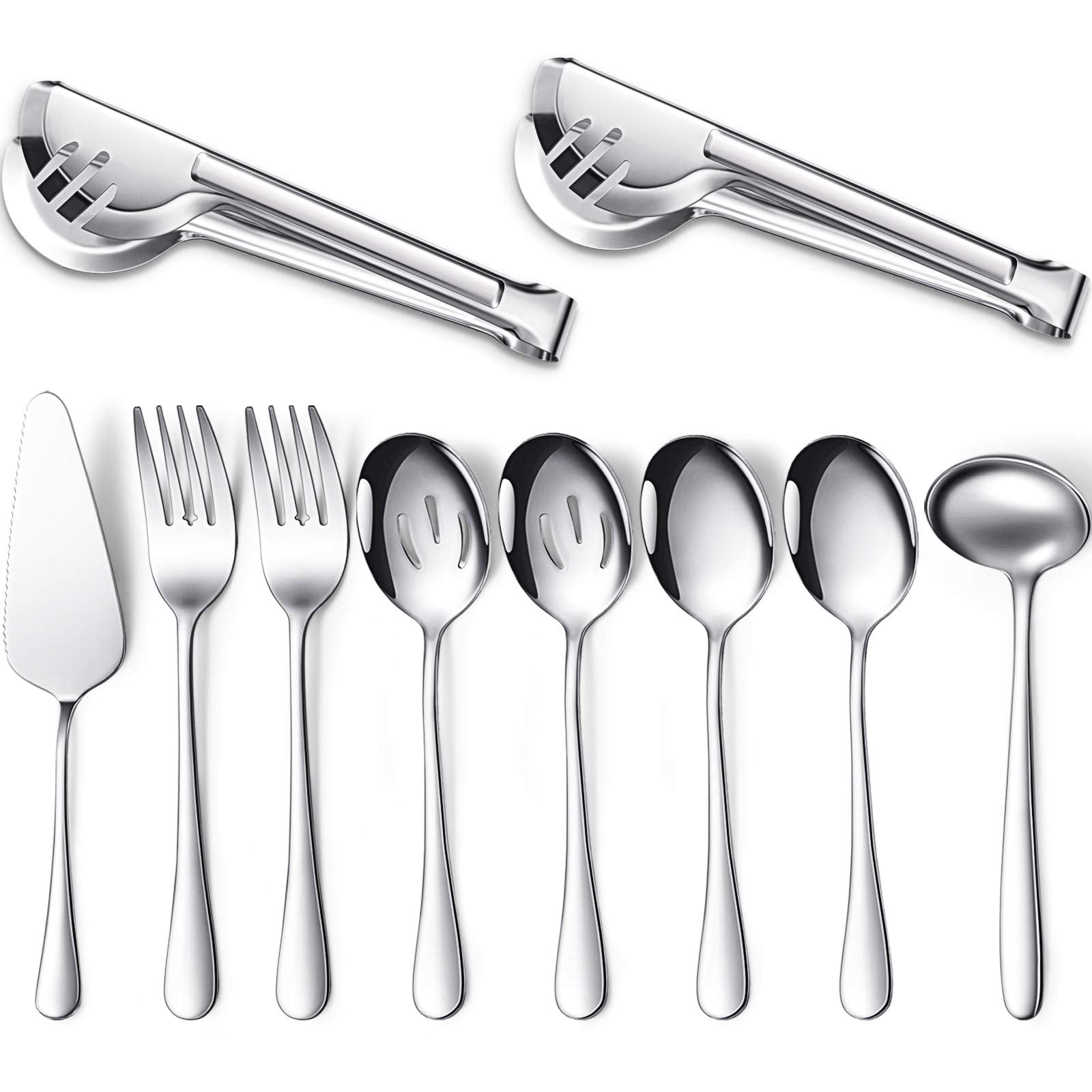 10-Piece Dishwasher Safe Silver Serving Utensil Set - Includes Spoons, Forks, Tongs, Ladle, And Pie Server