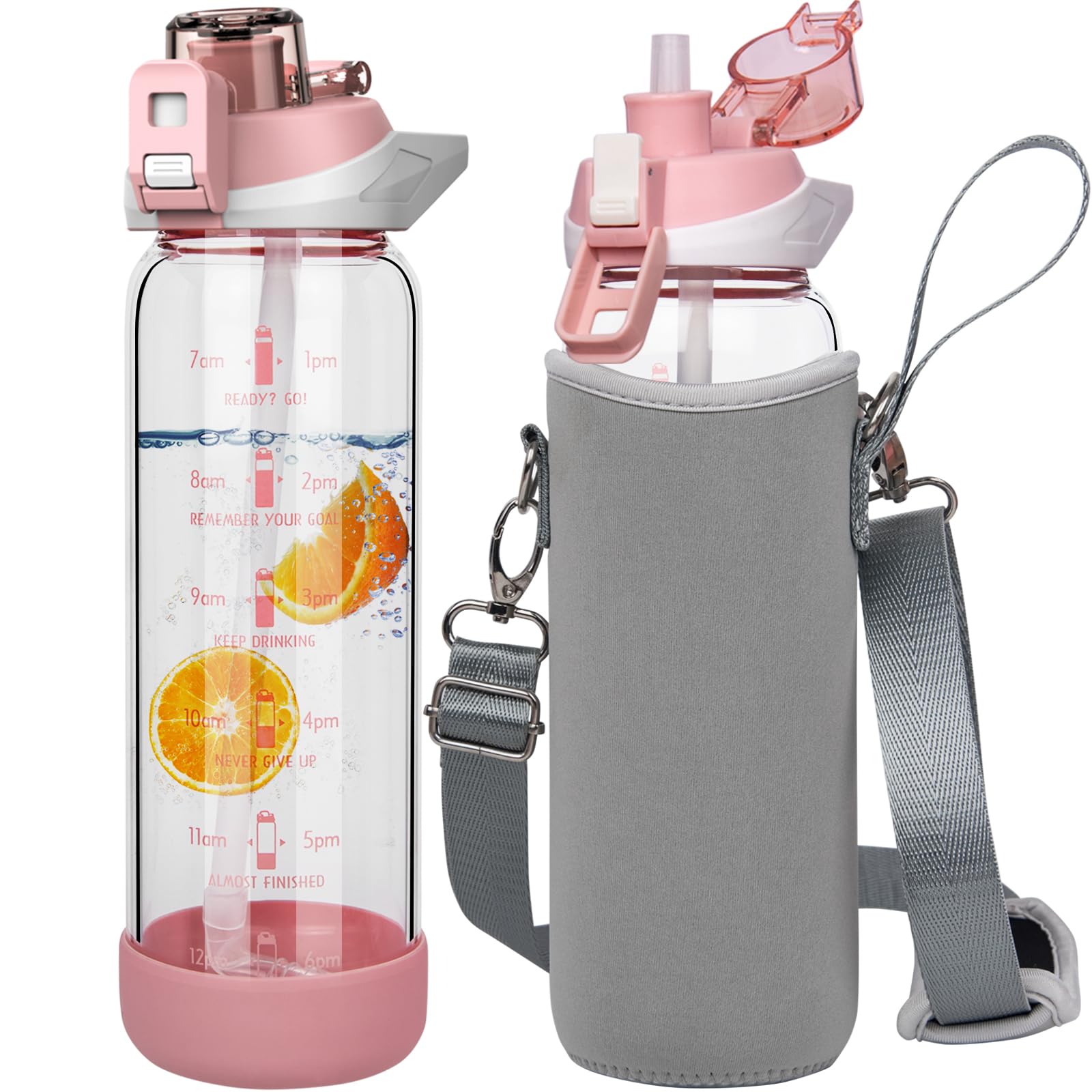 Seekua 26 oz Sports Glass Water Bottle with Straw & Time Marker, Motivational Daily Glass Drinking Bottle with Strap for Bike, W