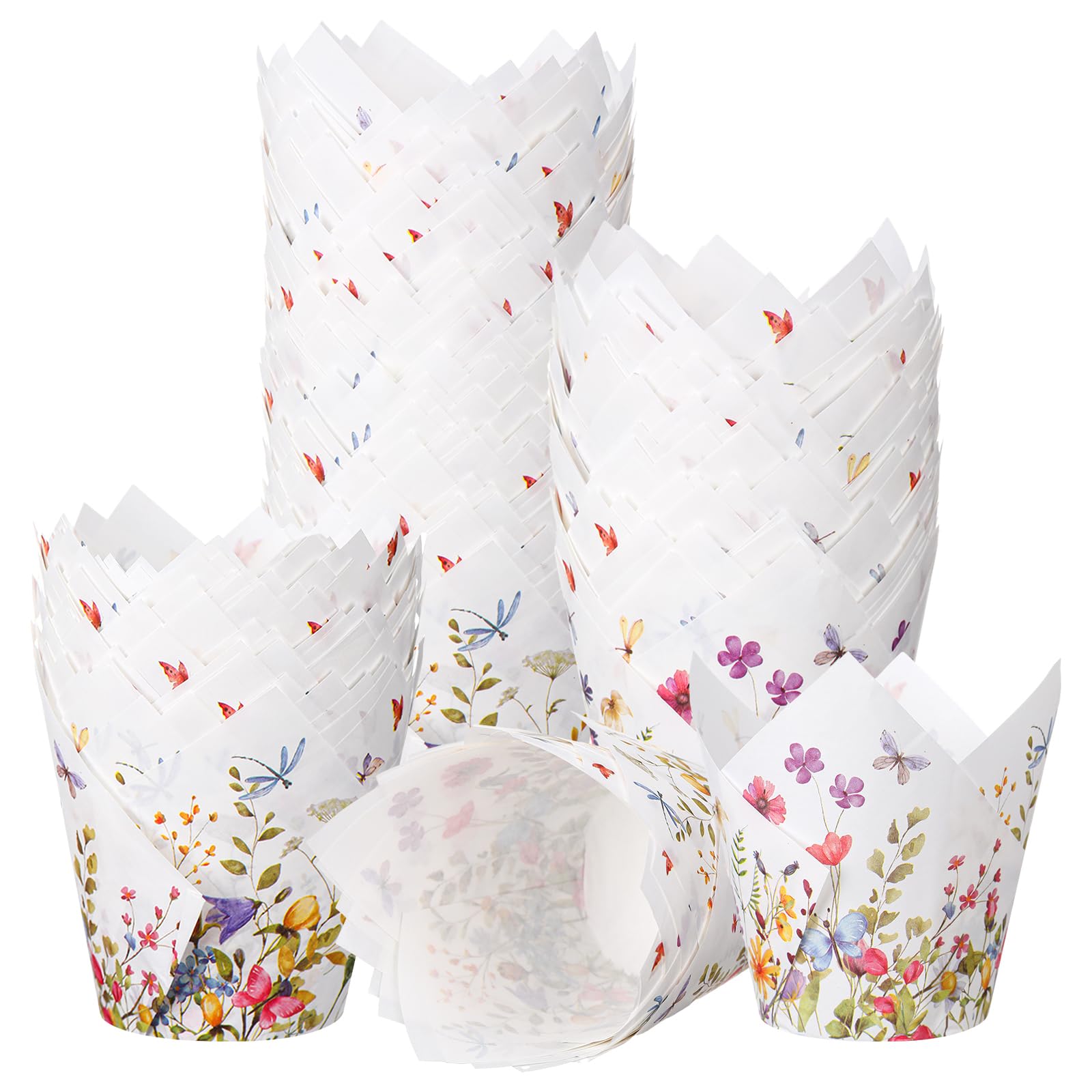 Vesici 200 Counts Wildflower Tulip Cupcake Liners Wildflower Baby Shower Decorations Liners Tulip for Baking Cups for Spring Eas