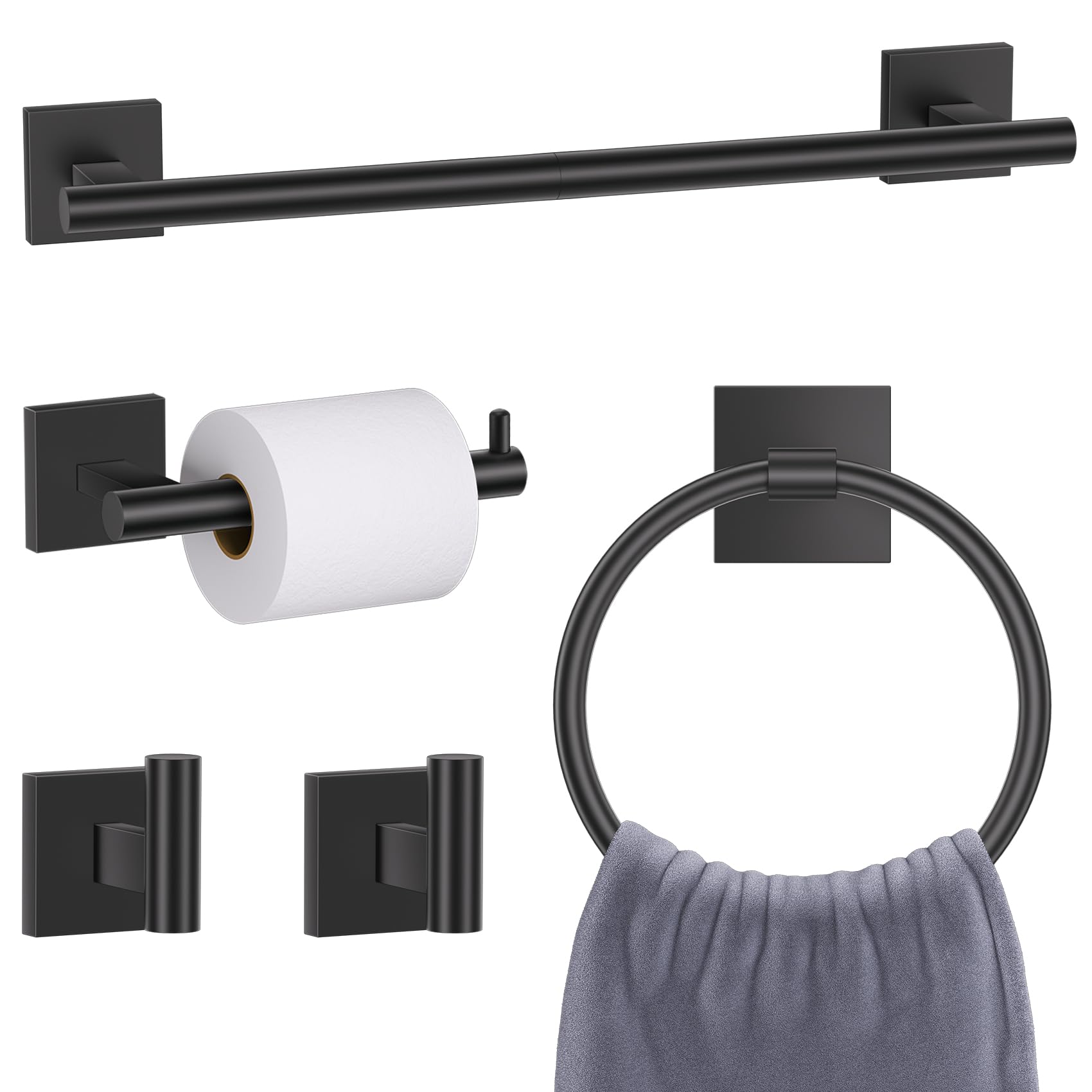 Matte Black Towel Bar Bathroom Hardware Accessories Set, 5 Pieces Toilet Paper Holder Towel Holder Set, 23.6 Inch Stainless Stee
