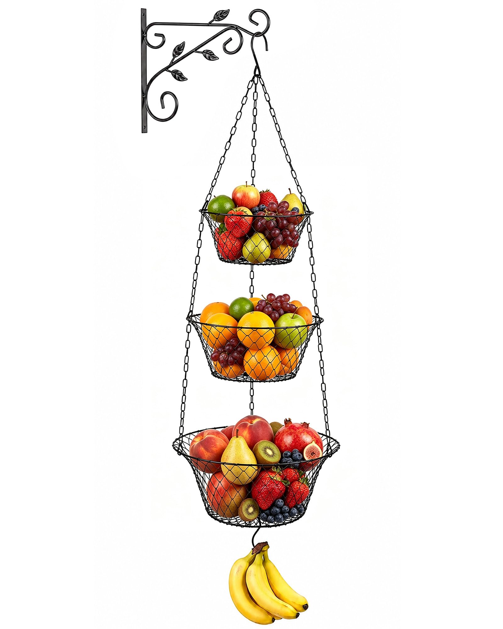 FANGSUN 3 Tier Hanging Fruit Basket for Kitchen with WallMount Bracket