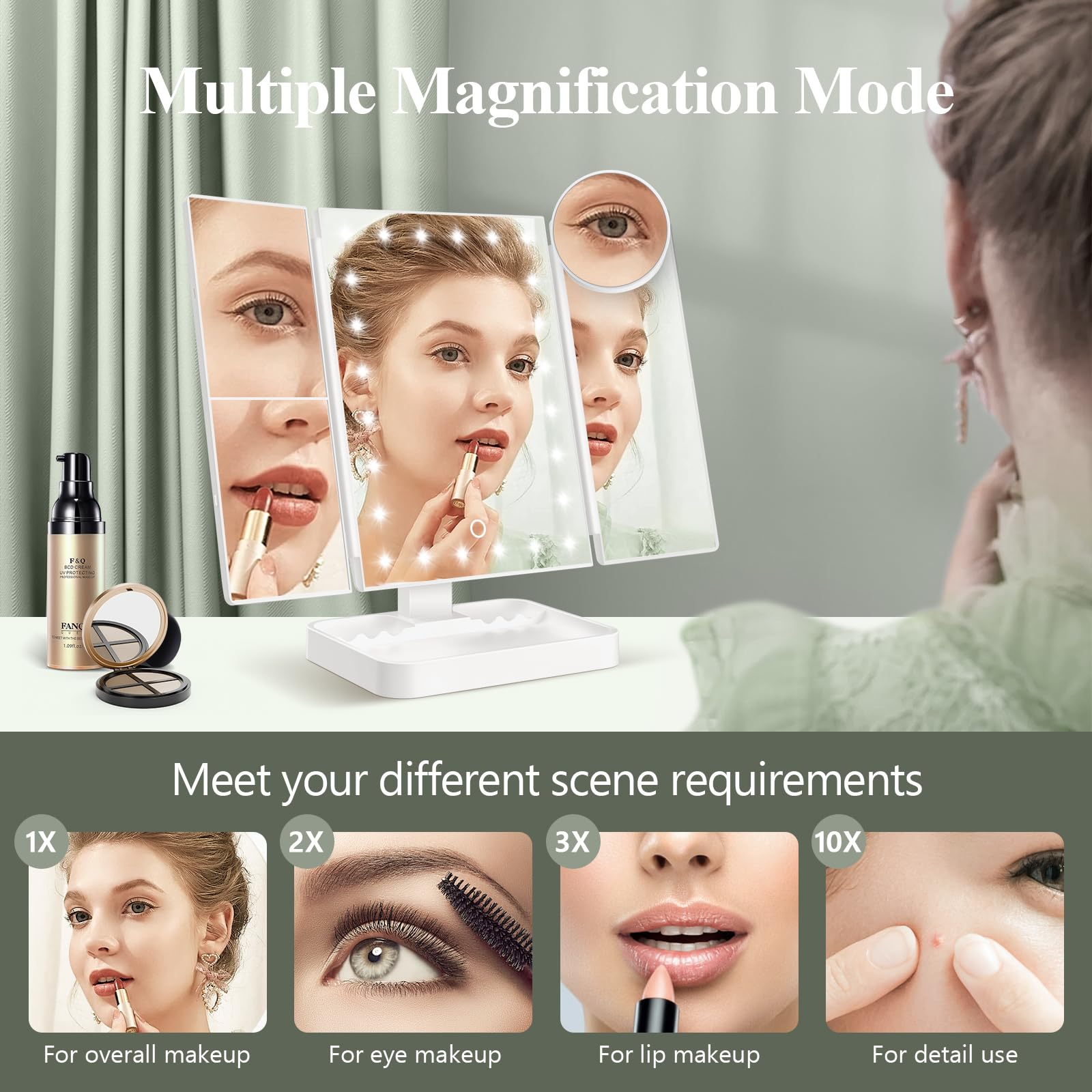 Huonul Rechargeable Makeup Mirror With 3 Color Lights, 2000Mah Lighted Makeup Mirror, Magnetic 10X Magnifying Mirror, 360 Degree