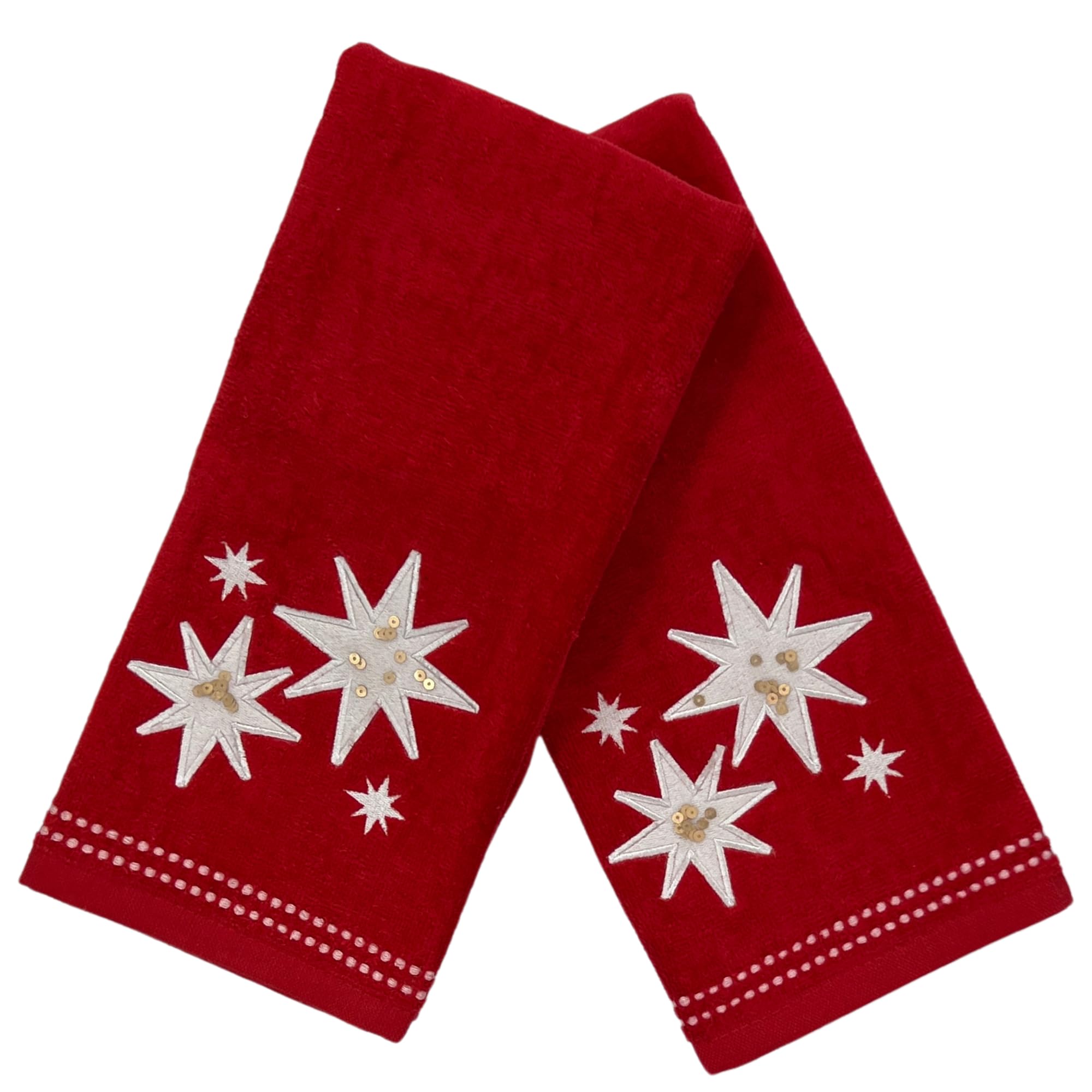 Christmas Bath Hand Towels, Stars With Sequins, Cotton, Red, 16'' X 25'', Set Of 2