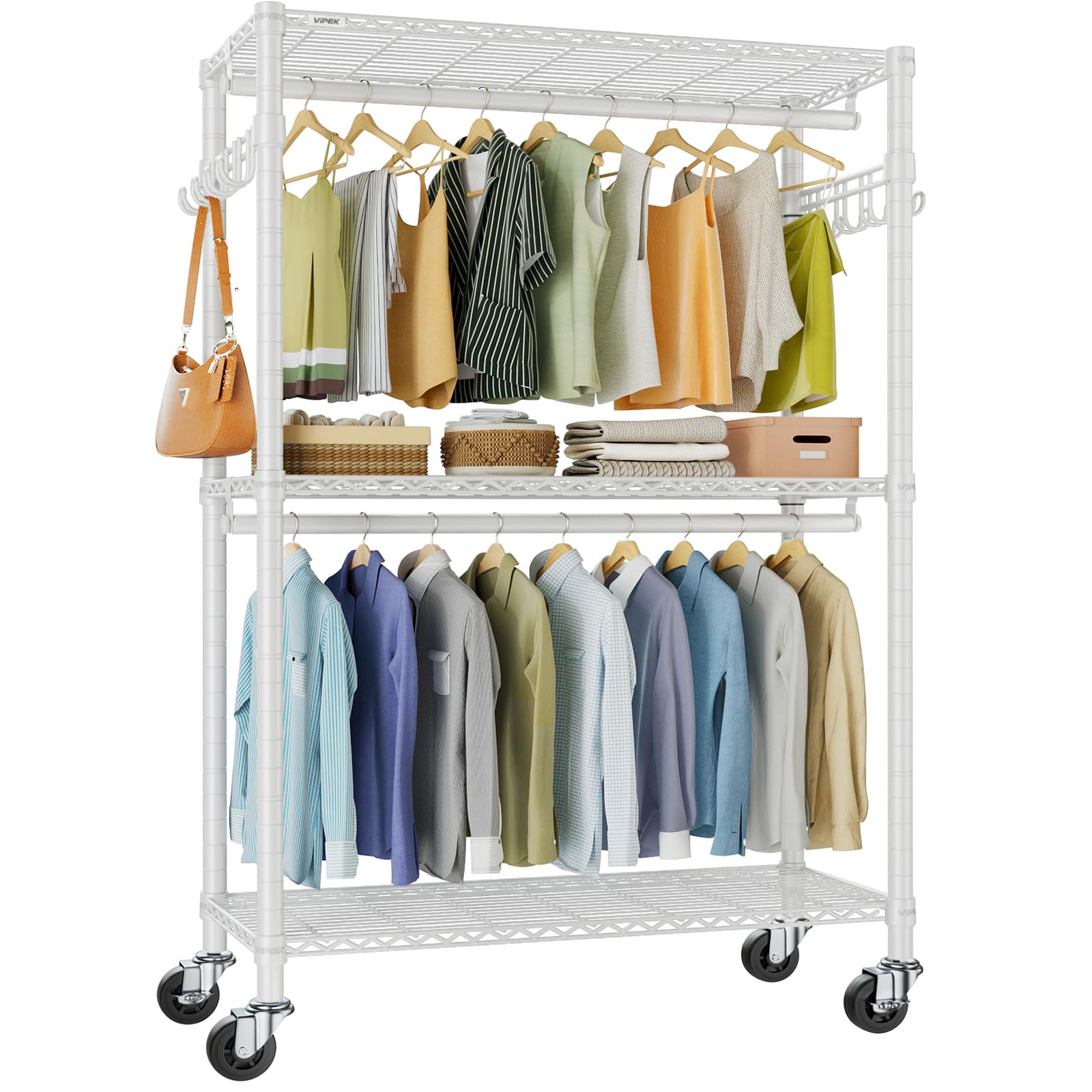 Vipek V12 Rolling Garment Rack 3 Tiers Adjustable Wire Shelving Clothes Rack With Wheels, Freestanding Wardrobe Storage Rack Hea