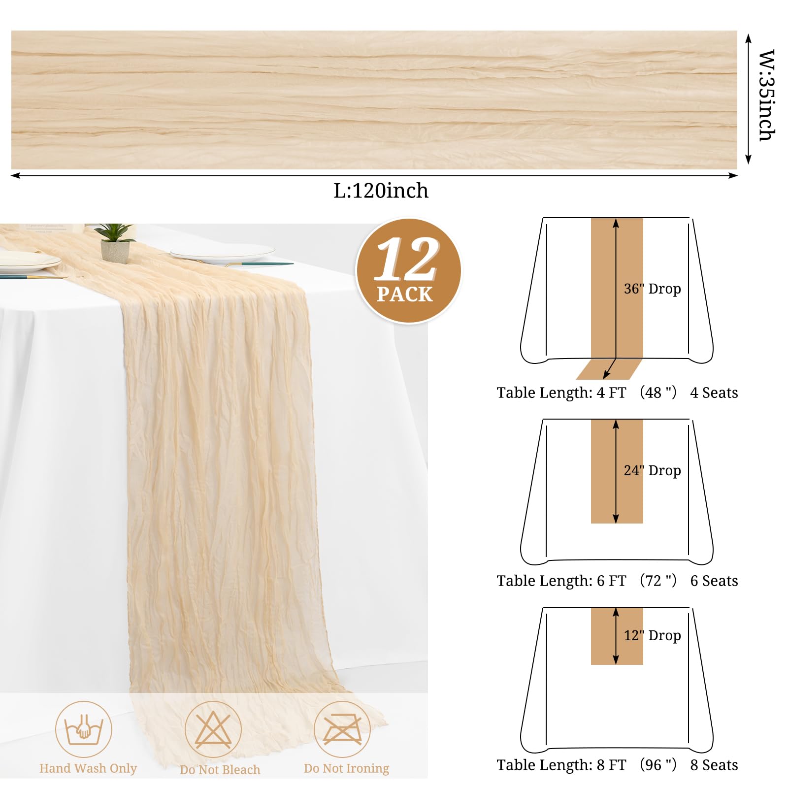 12 Pack Beige Cheesecloth Table Runner 35X120 Inch 10Ft Romantic Gauze Cheese Cloth Table Runner, Boho Rustic Table Decorations