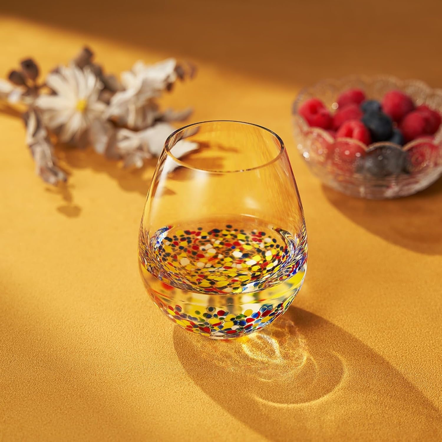 The Wine Savant Mexican Wine Glasses Hand Blown Confetti Rock  - Clear