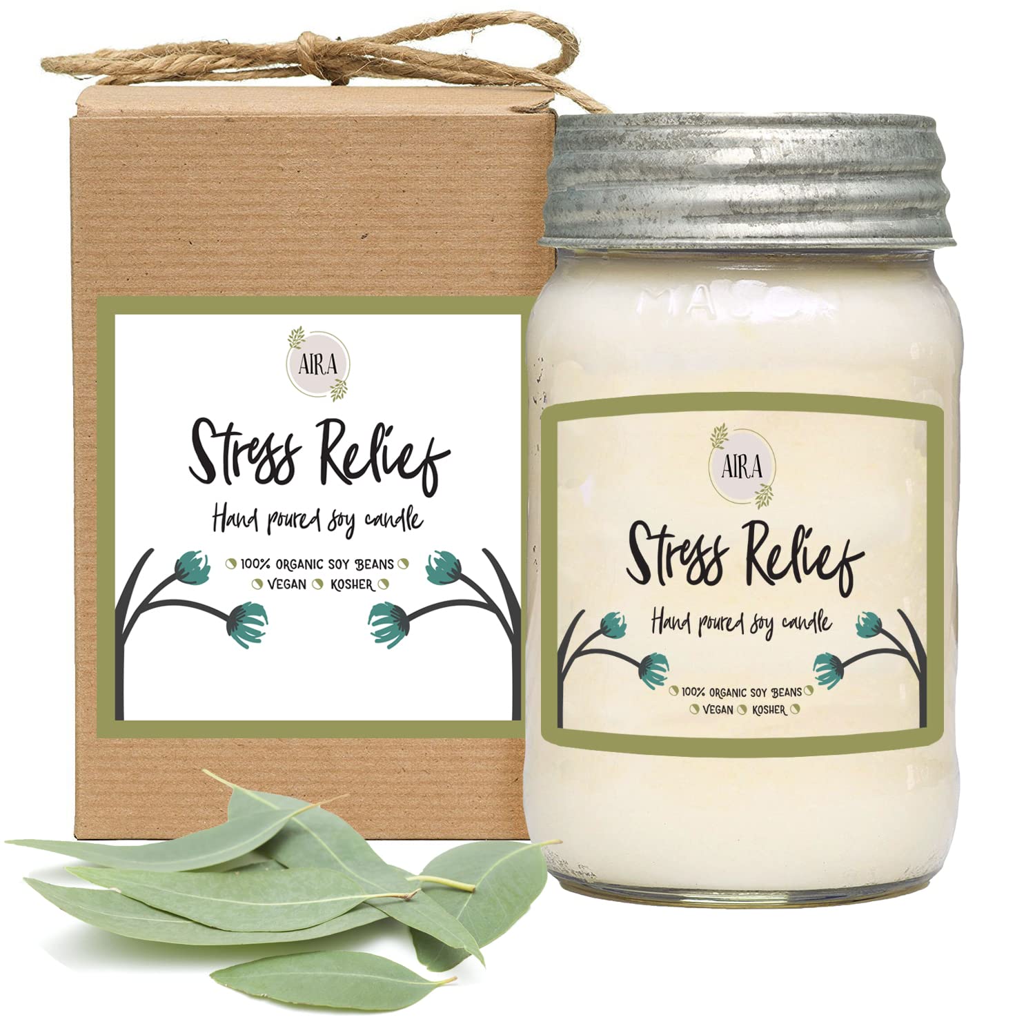 Aira Soy Candles - Organic, Kosher, Vegan, in Mason Jar w/Therapeutic Grade Essential Oil Blends - Hand-Poured 100% Soy Candle W