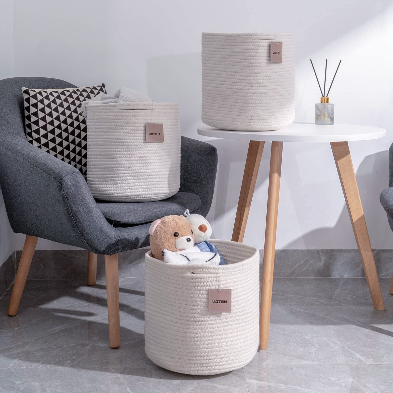 voten Bins Organizer 11x11x11 ' ' Fit 12x12 ' 'Cube Storage Bookcases Shelves Durable Woven Cotton Basket for Organizing Round 3Pack Off White