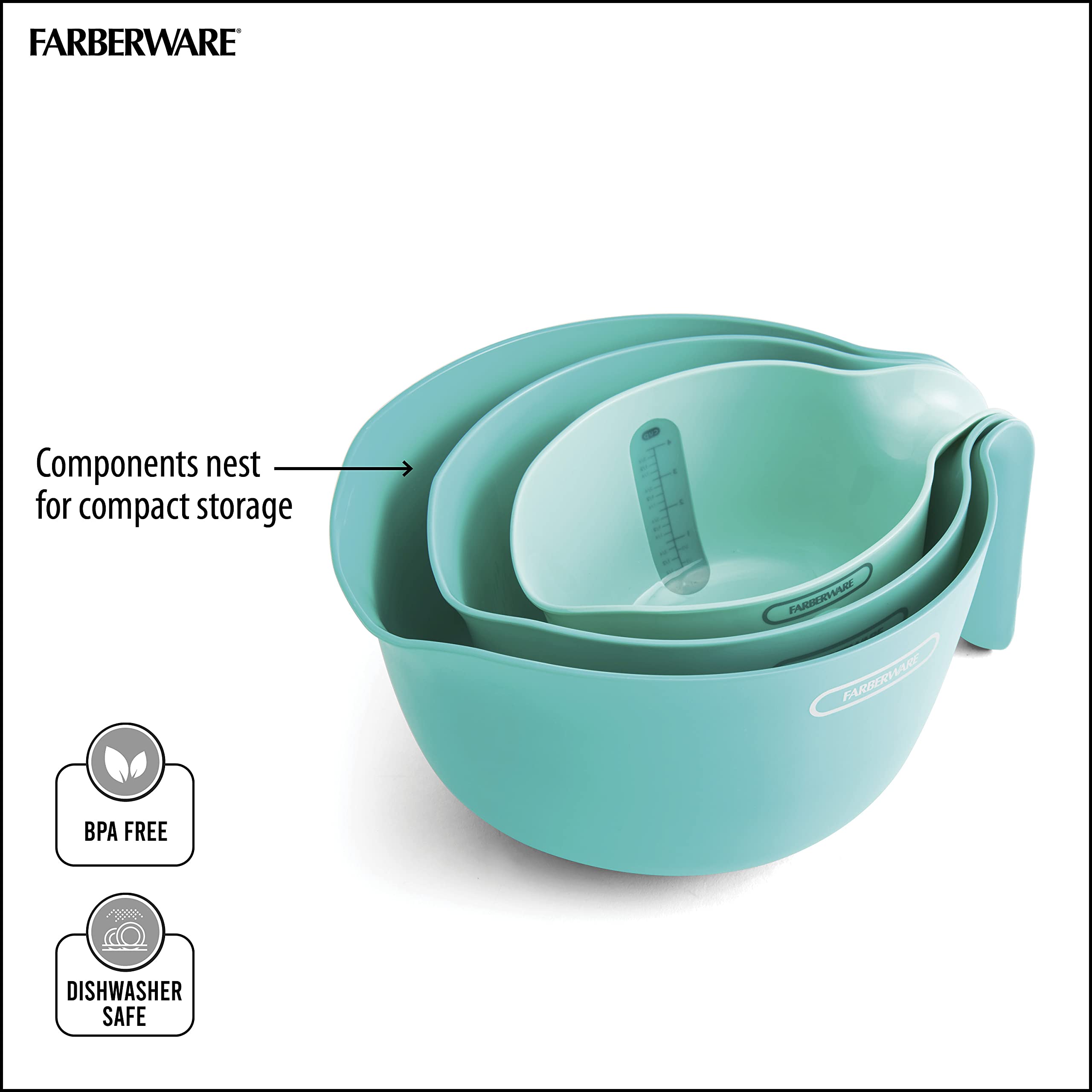 Farberware 3-Piece Professional Measure Colander Bowl Set, Aqua, Model 5270003