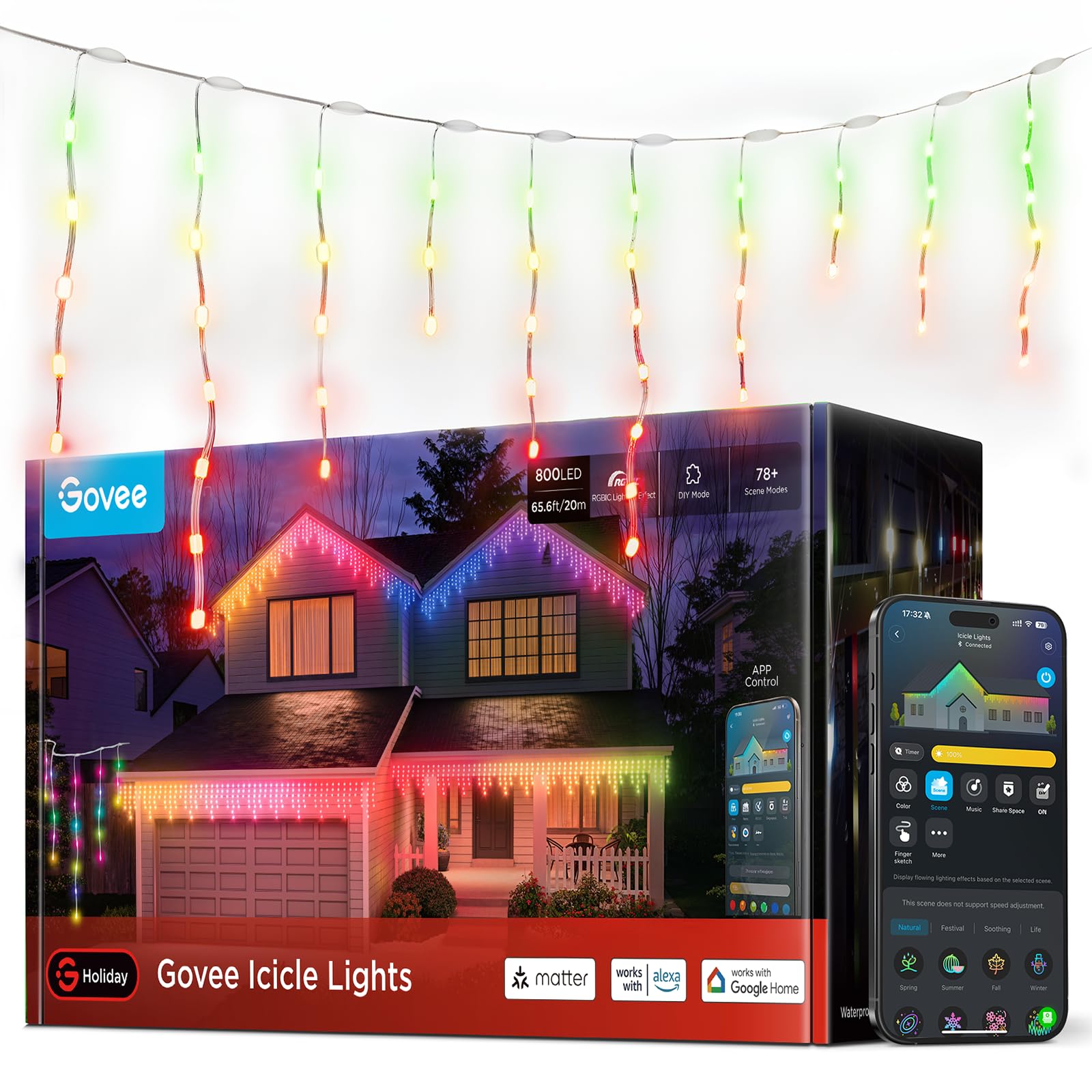 Govee Icicle Lights, Smart RGBIC Christmas Lights for Outside, 66ft with 800 LEDs Icicle Light for Outdoor, IP67 Waterproof, Mus