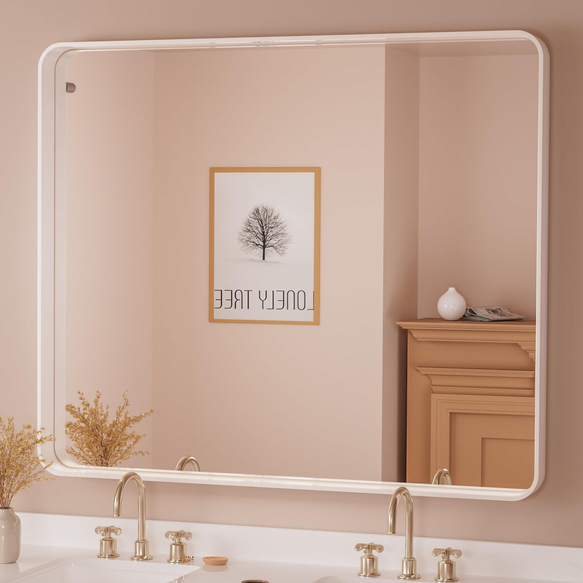 Tetote White Bathroom Mirror 42 X 36 Metal Frame Wall Mounted Rectangle Mirror For Vanity With Sandy Textured Surface(Horizontal