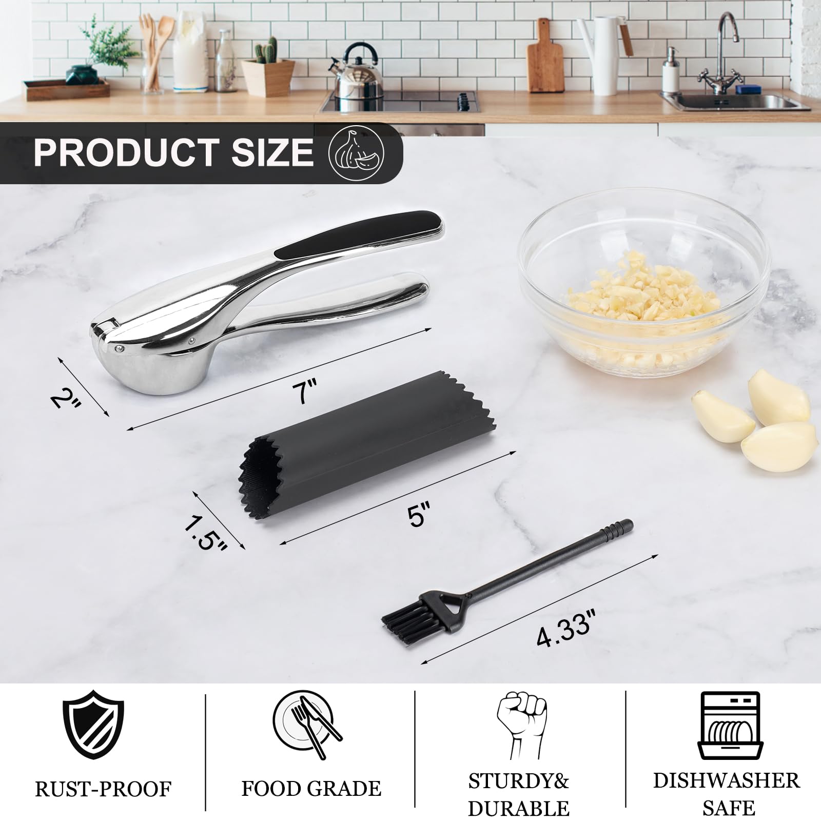 Cunsenr Garlic Press With Silicone Peeler & Brush - Garlic Mincer Tool - Easy To Use & Clean - Garlic Crusher - Rustproof Garlic