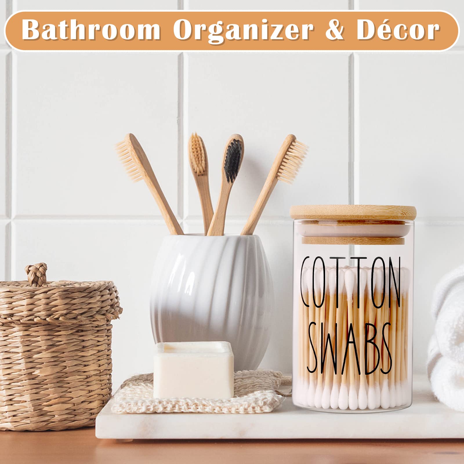 4 Pack Qtip Holder With Lid Set, 10Oz Clear Glass Canister Apothecary Jars Bathroom Organizers And Storage Accessories Vanity Es