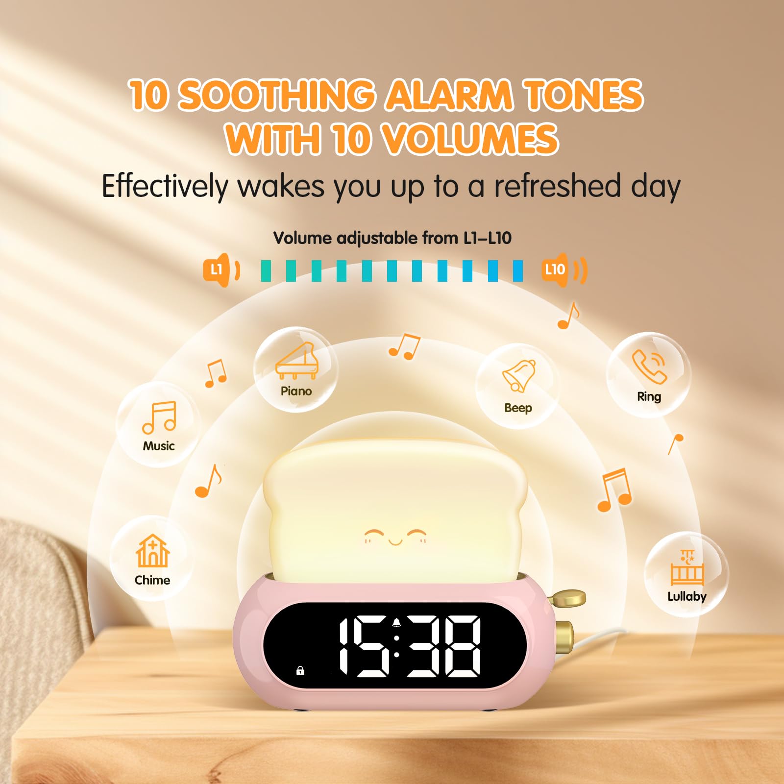Cute Digital Clock for Bedrooms, Kids Alarm Clocks with Night Light Lamp, 10 Alarm Tones, Adjustable Brightness, Nap Timer, Snoo