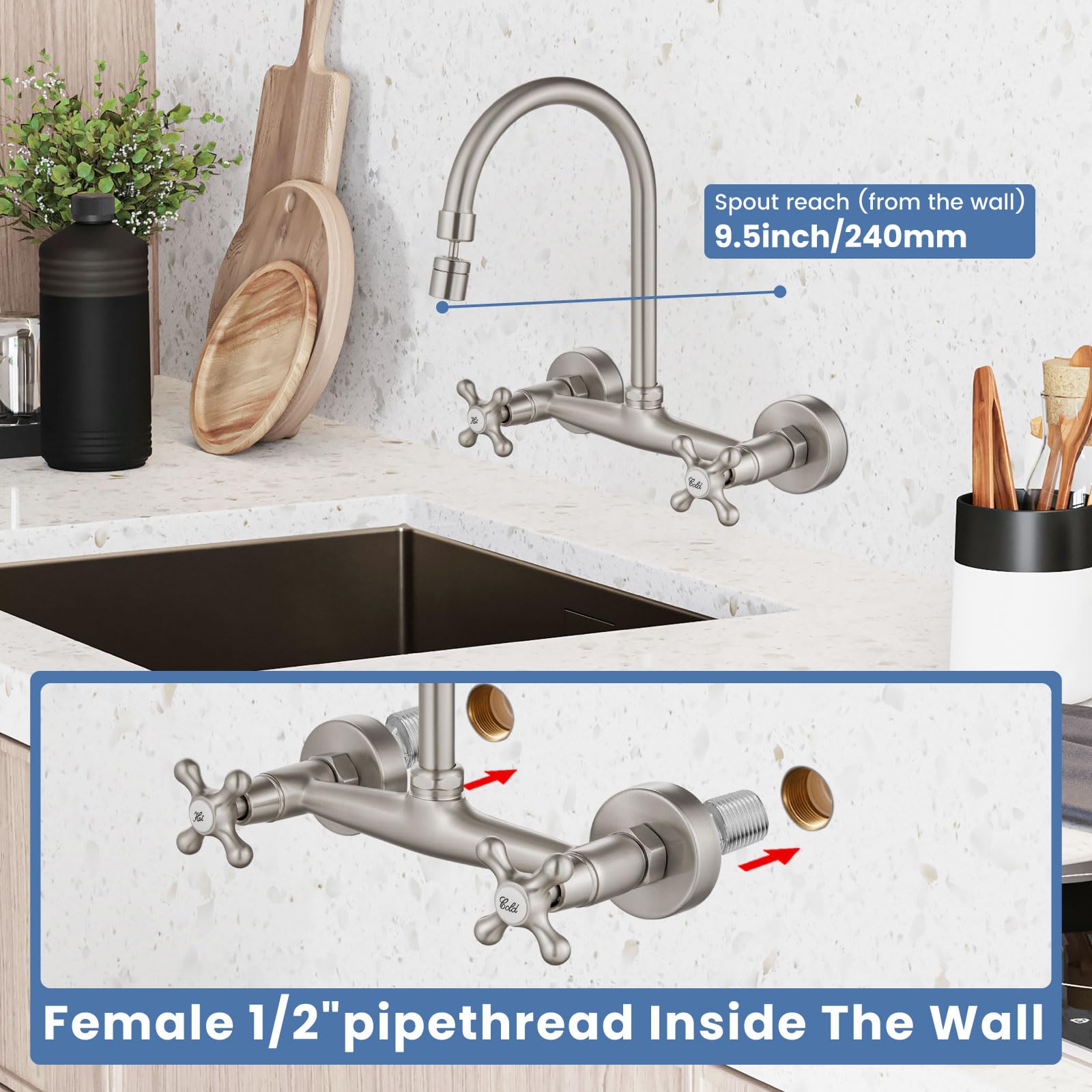 Airuida Brushed Nickel Wall Mount Kitchen Faucet with Sprayer Wall Mounted Kitchen Sink Faucet 8 Inch Center Double Cross Handles 360 Degree Swivel Spout Restaurant Mixer Tap Commercial