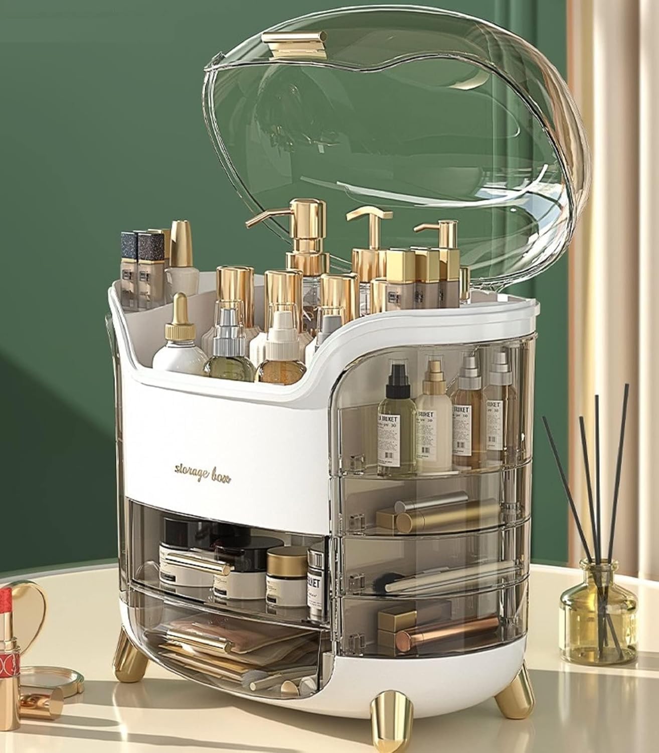 Jialto Makeup Organizer Box With 3 Drawers & Dustproof Lid  Transparent Cosmetic Storage Box For Skincare, Perfumes, Jewelry & 
