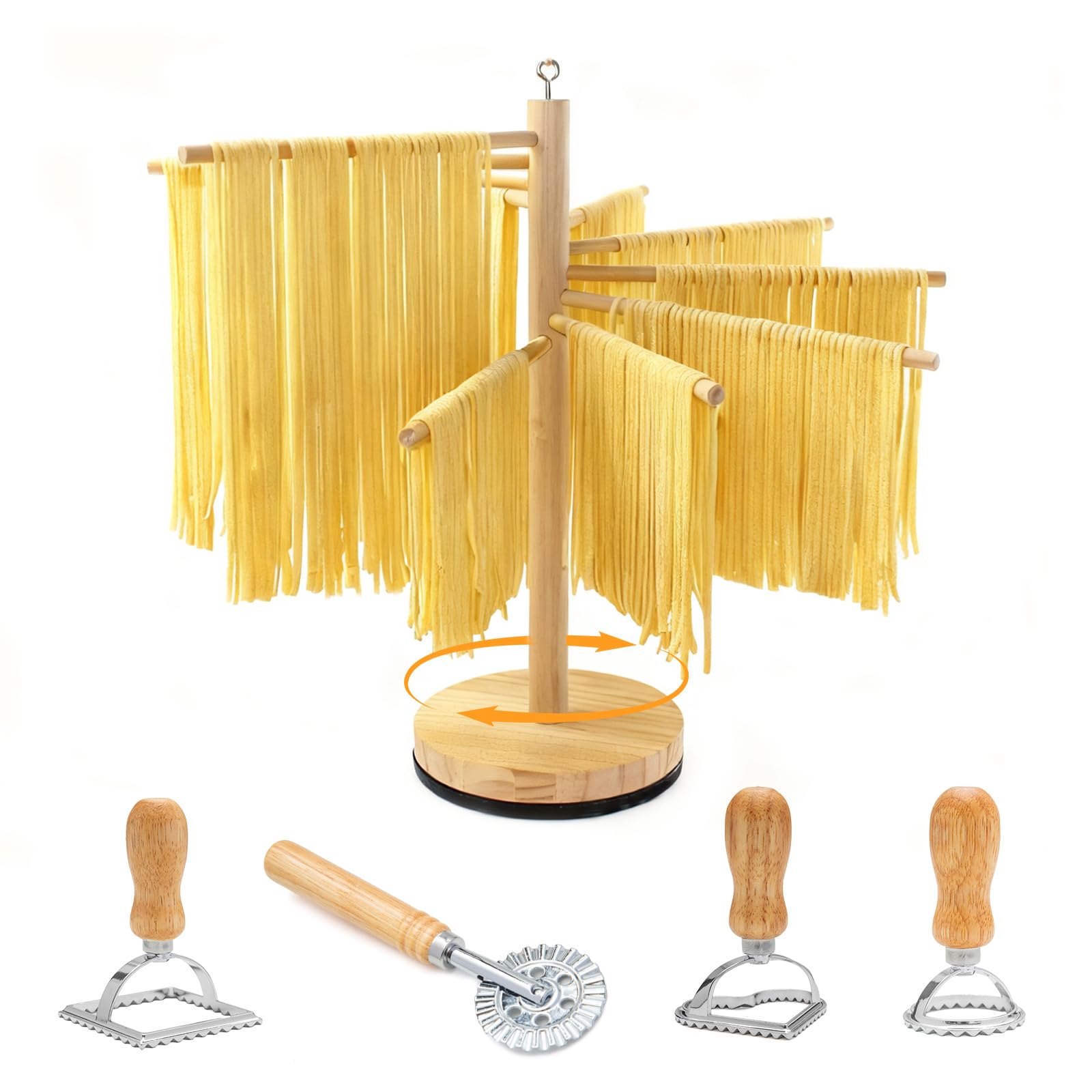 Rotary Pasta Drying Rack,Detachable Wood Pasta Rack with Pasta Molds & Stamps Ravioli with Pasta Cutter Wheel (4 pcs),Spaghetti 