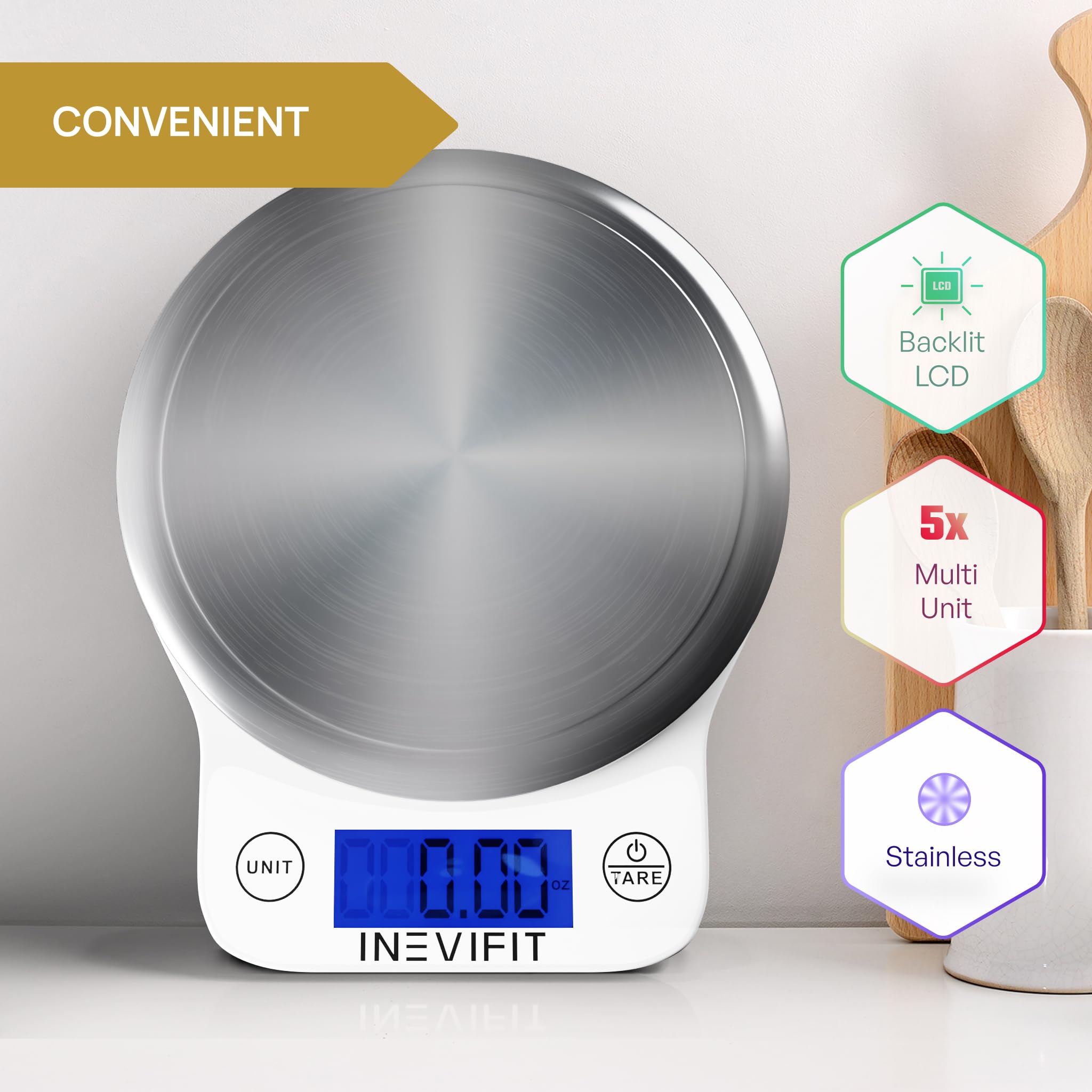 Inevifit Digital Kitchen Scale, Highly Accurate Multifunction Food Scale 13 Lbs 6Kgs Max, Clean Modern White With Premium Stainl