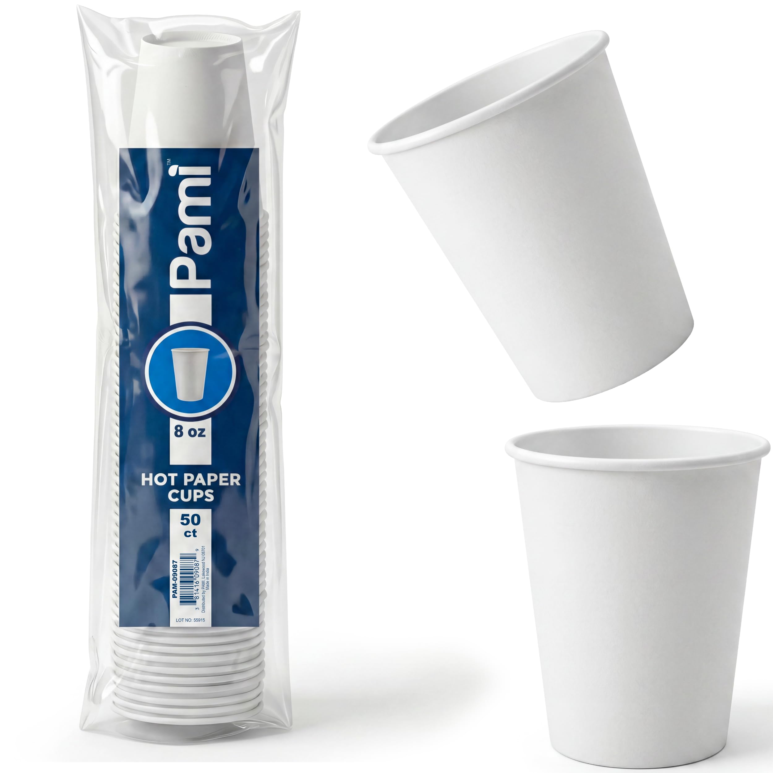PAMI Disposable Paper Coffee Cups 8 oz,White,Leak Resistant,For Office,50