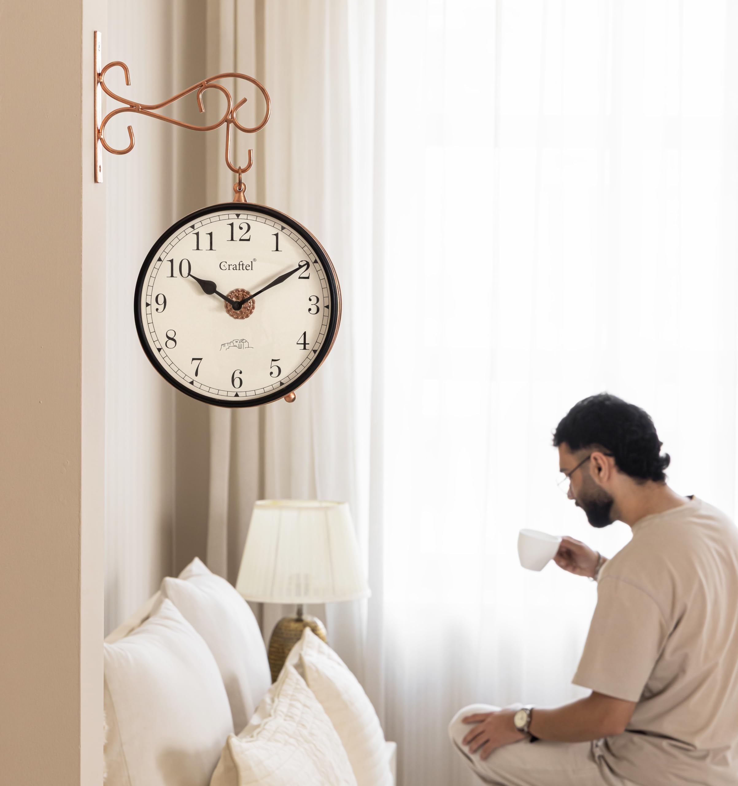 CRAFTEL Metal Analog Double Sided Vintage Station Wall Clock with Brass in dial (Dial - 8 Inches, Rose Gold)