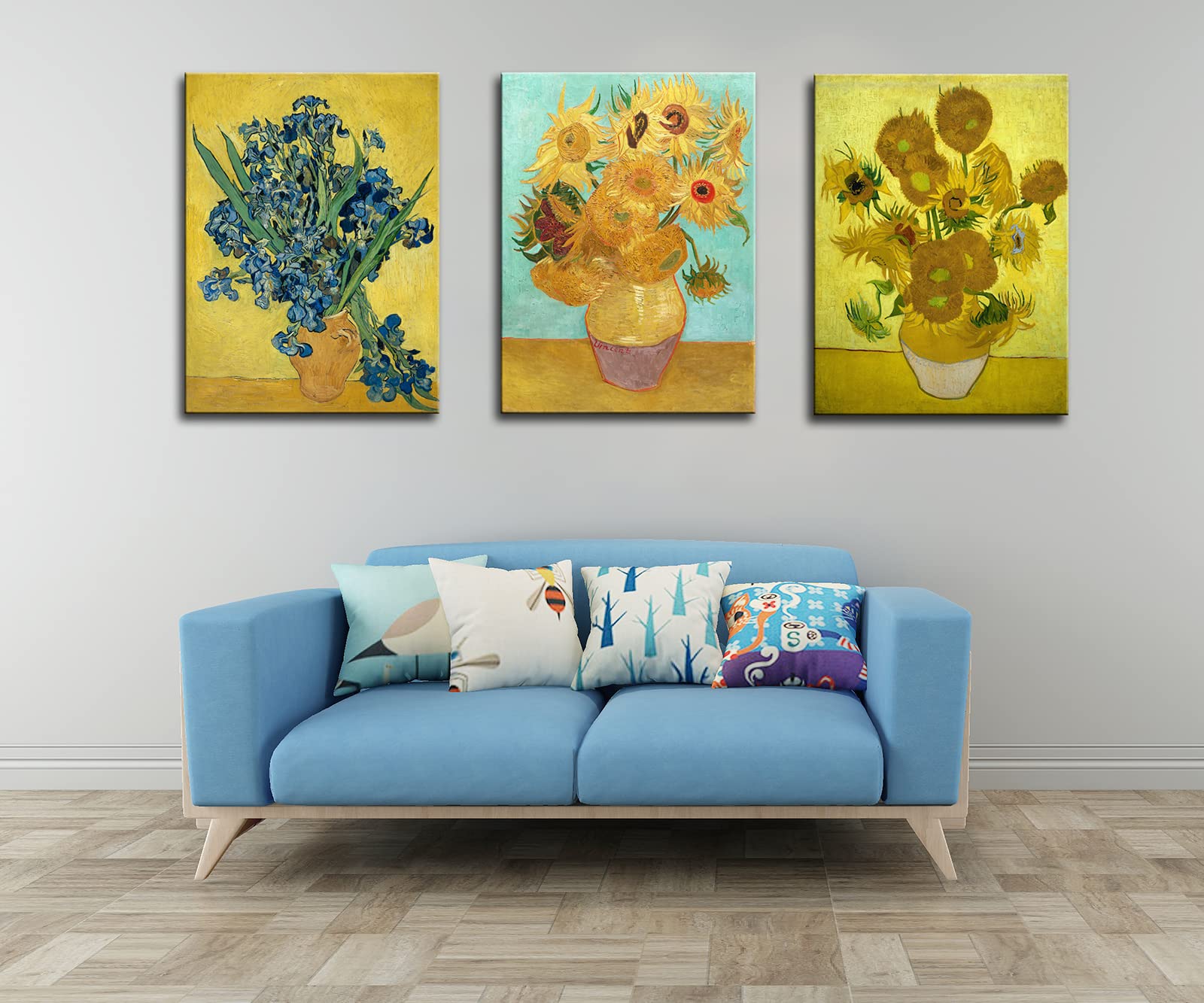 3 Panel Sunflower And Irises By Vincent Van Gogh Oil Paintings Reproduction Modern Floral Giclee Canvas Prints Artwork Flowers P