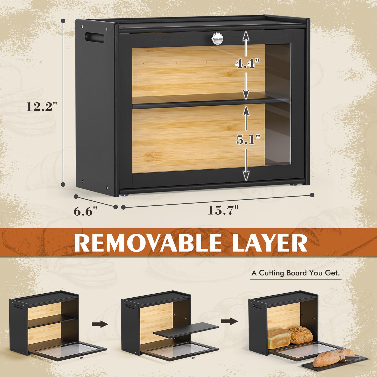 Bread Box For Kitchen Countertop, Double-Layers Large Bread Container With Transparent Door,Easy-Carry Assembled Bread Storage&M