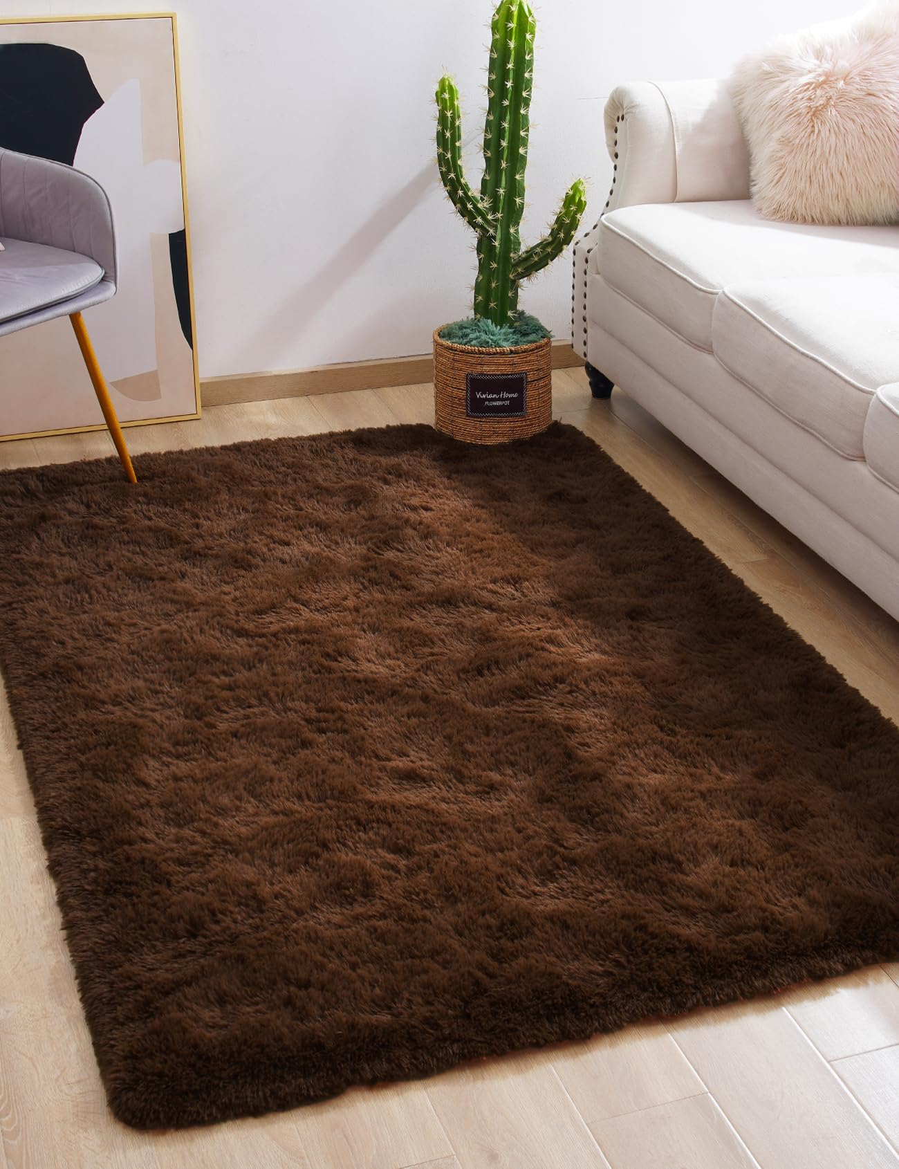 Macgace Fluffy Area Rugs for Bedroom Decor Aesthetic, 3x5 Brown Shag Rug with Non-Slip Dots for Living Room, Furry Plush Mat Was
