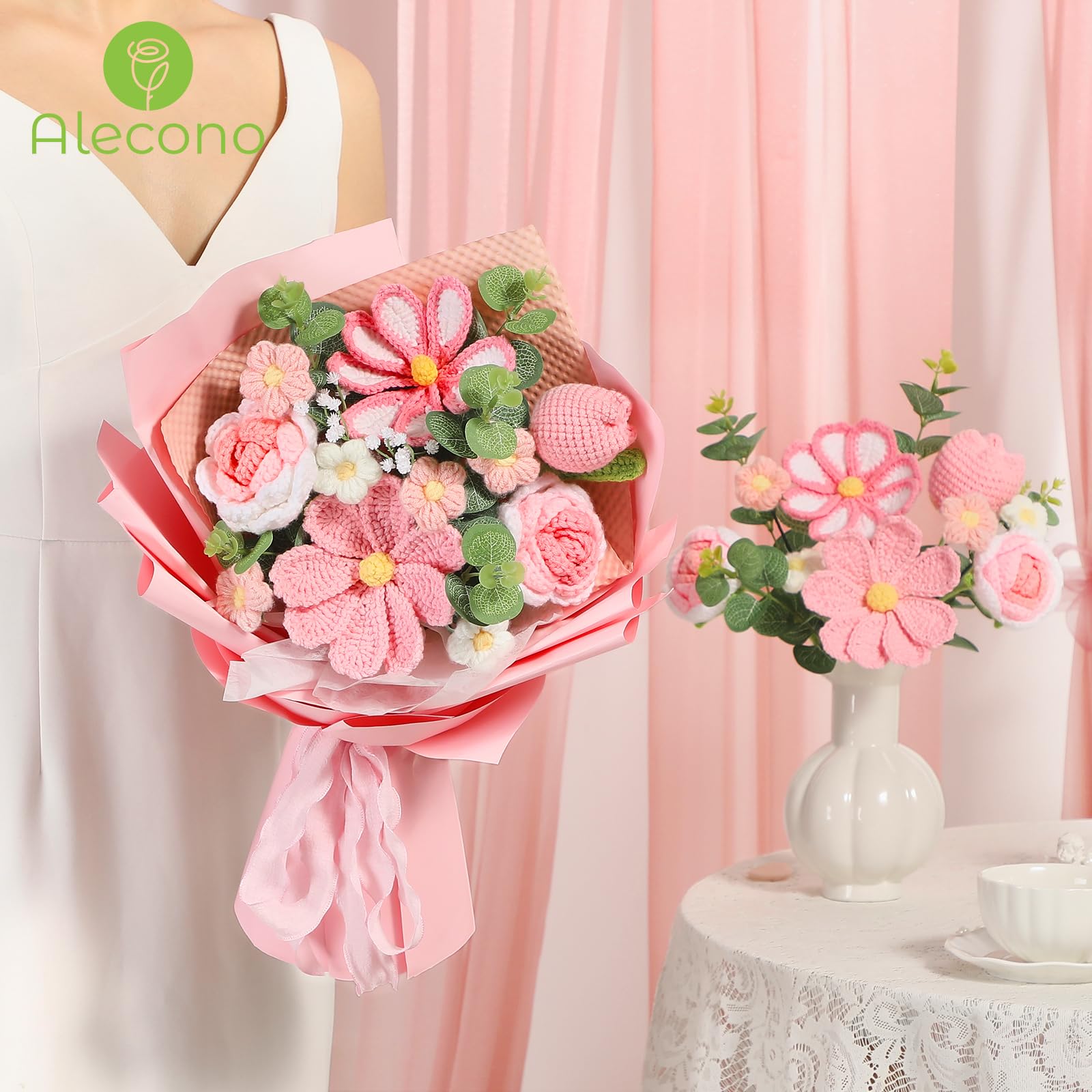 Alecono Crochet Flower Bouquet, Pink Knitted Flowers, Crochet Tulip Galsang Flower for Lover Anniversary Birthday Party Mother s