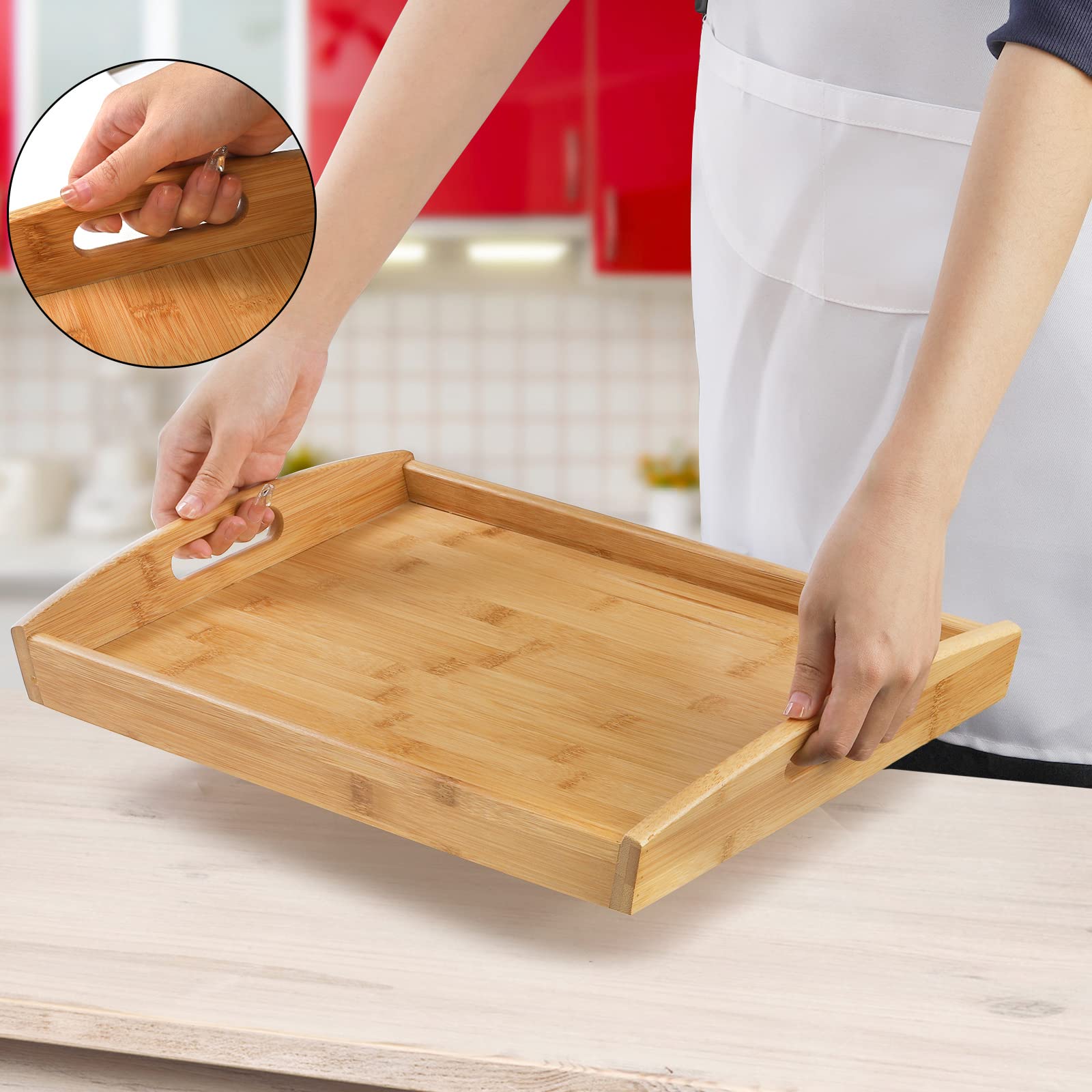 Peohud 4 Pack Bamboo Serving Trays With Handles, Rectangular Kitchen Food Tray For Eating, Dinner Trays For Eating On Couch, Woo