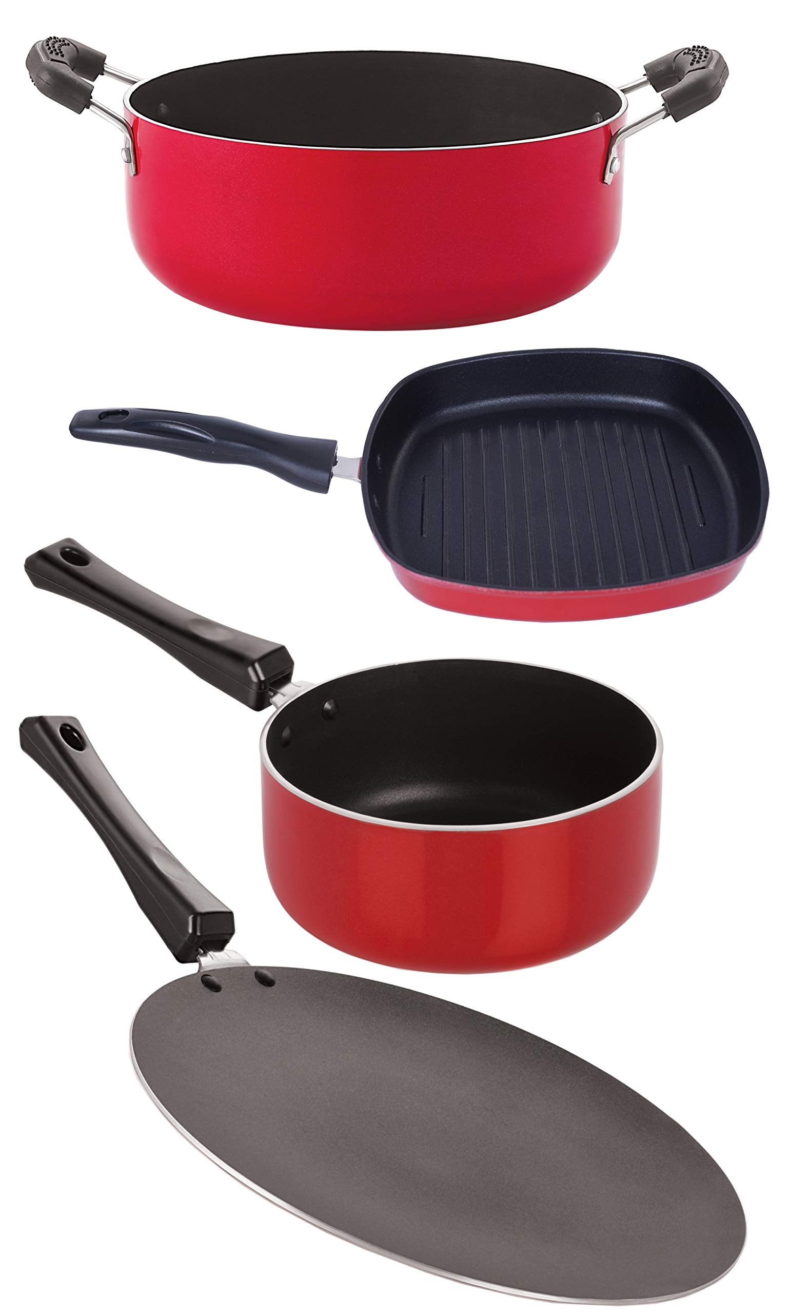 Nirlon NonStick Kitchen Cookware 4 Pieces Set, Pots And Pans (1 Concave Tawa 27.5Cm /1 Sauce Pan (B)1.8 Ltr/1 Grill Pan 22.5Cm/