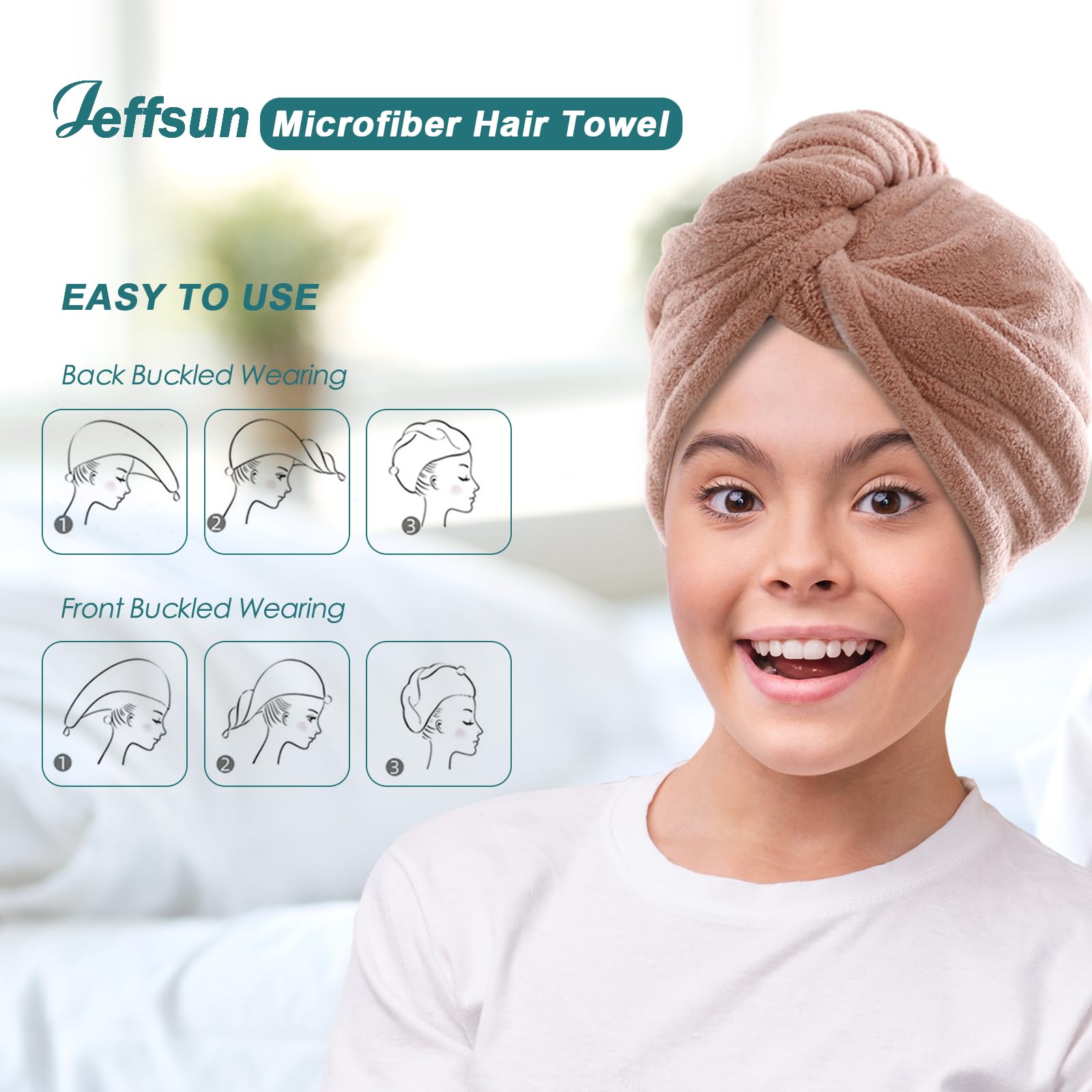 JEFFSUN Microfiber Hair Drying Towel for Women,Super Absorbent Quick Dry Towel Wrap for Curly Long Thick Frizzy Wet Hair, Easy t