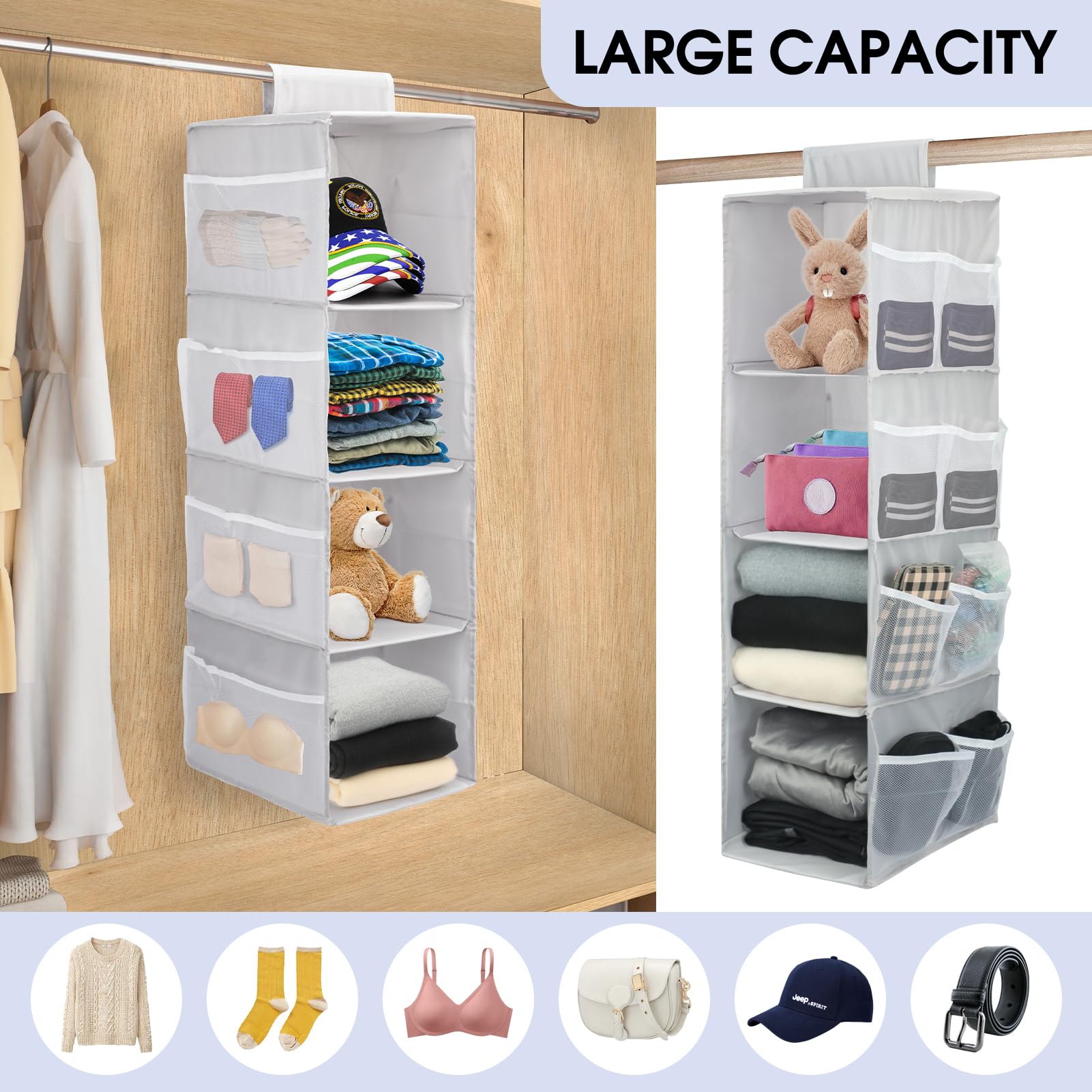 Petshome 4-Shelf Hanging Closet Organizer, Space Saver, Closet Hanging Storage Shelves With Mesh Pockets & Magic Tap For Storage