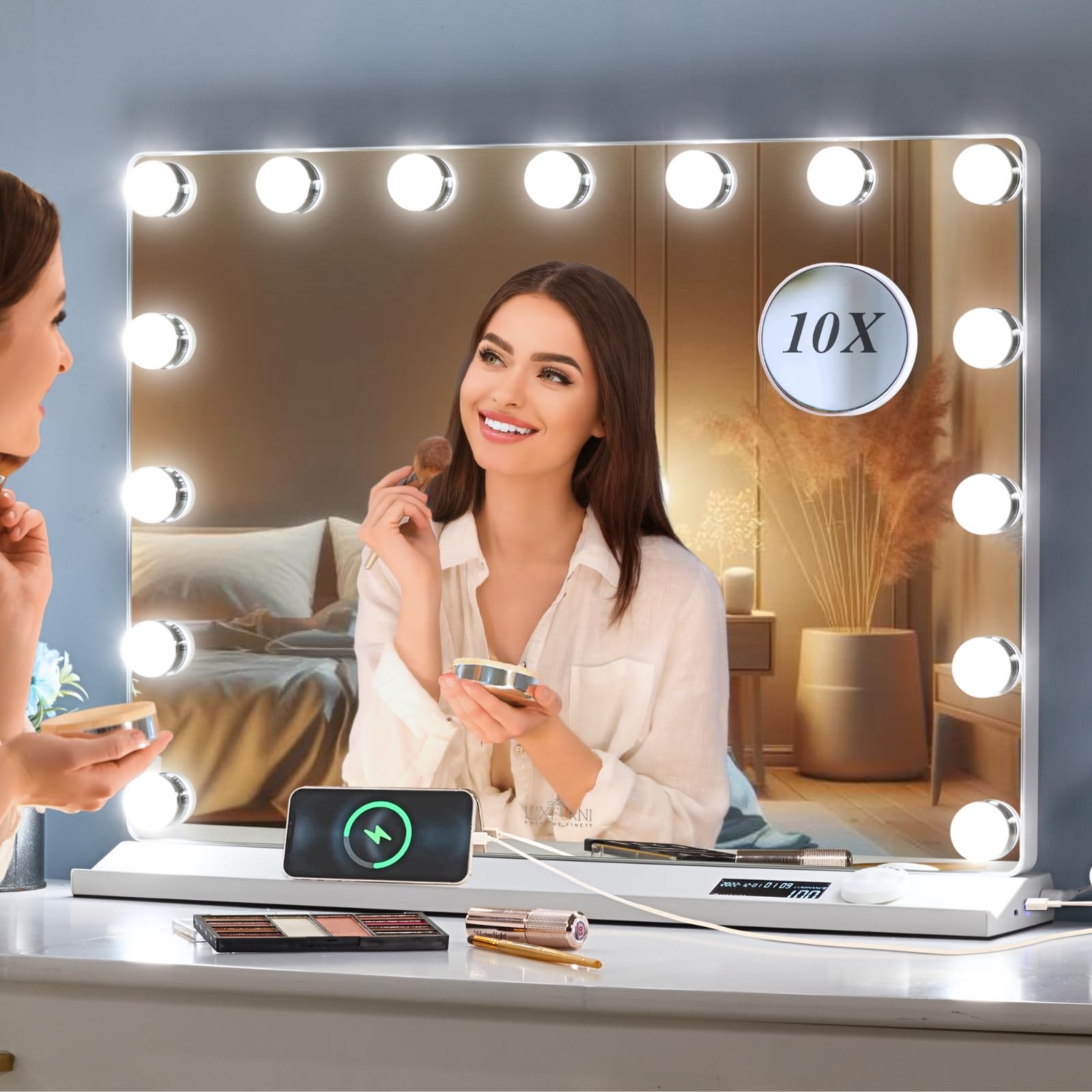 Luxfurni Vanity Mirror With Lights, Makeup Mirrors Hollywood Mirror With 15 Led Bulbs, 3 Colors Modes & Adjustable Brightness, 1