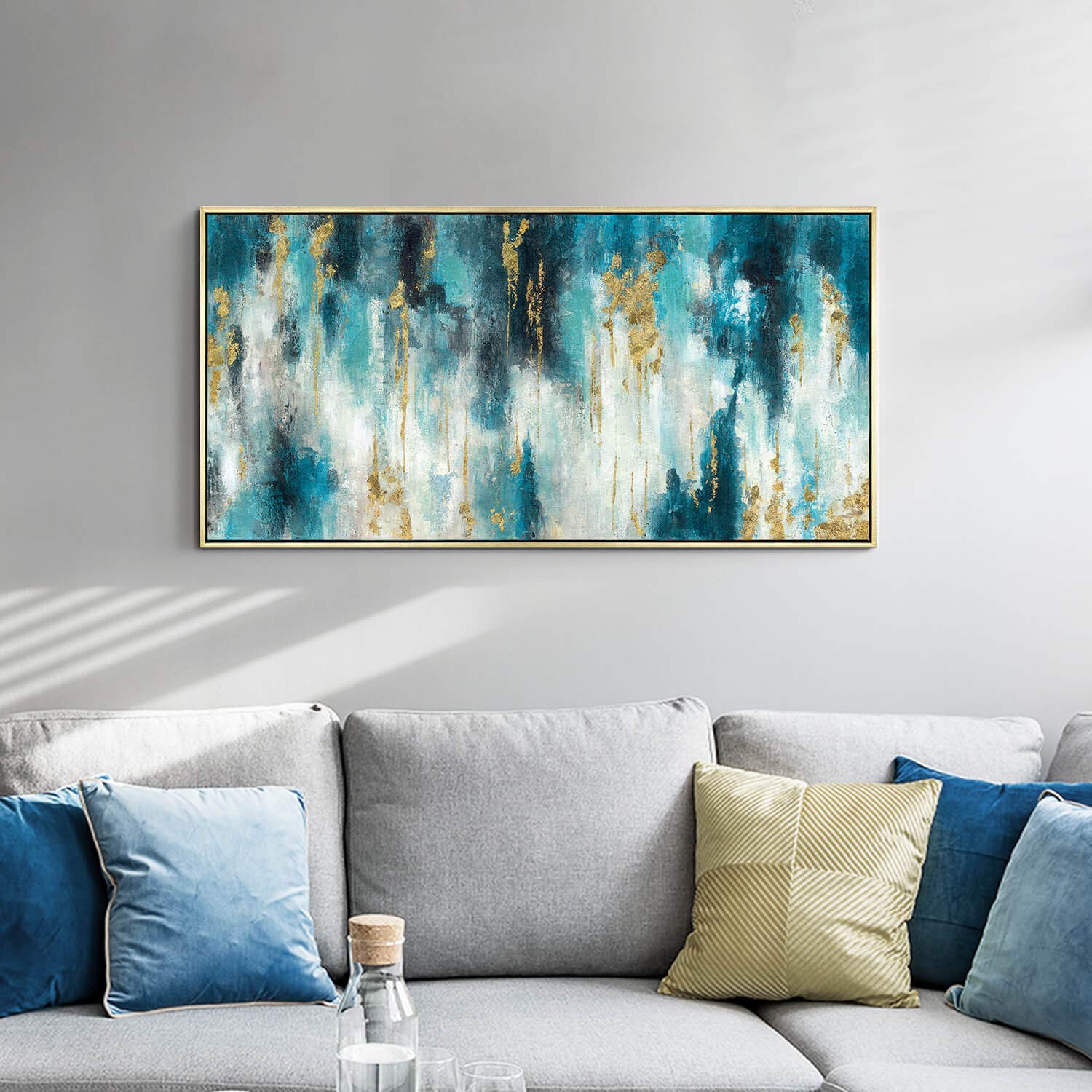 Turquoise Abstract Canvas Painting Wall Art: Hand Painted Art Modern Picture Navy Blue Teal Artwork For Living Room Decor (48''