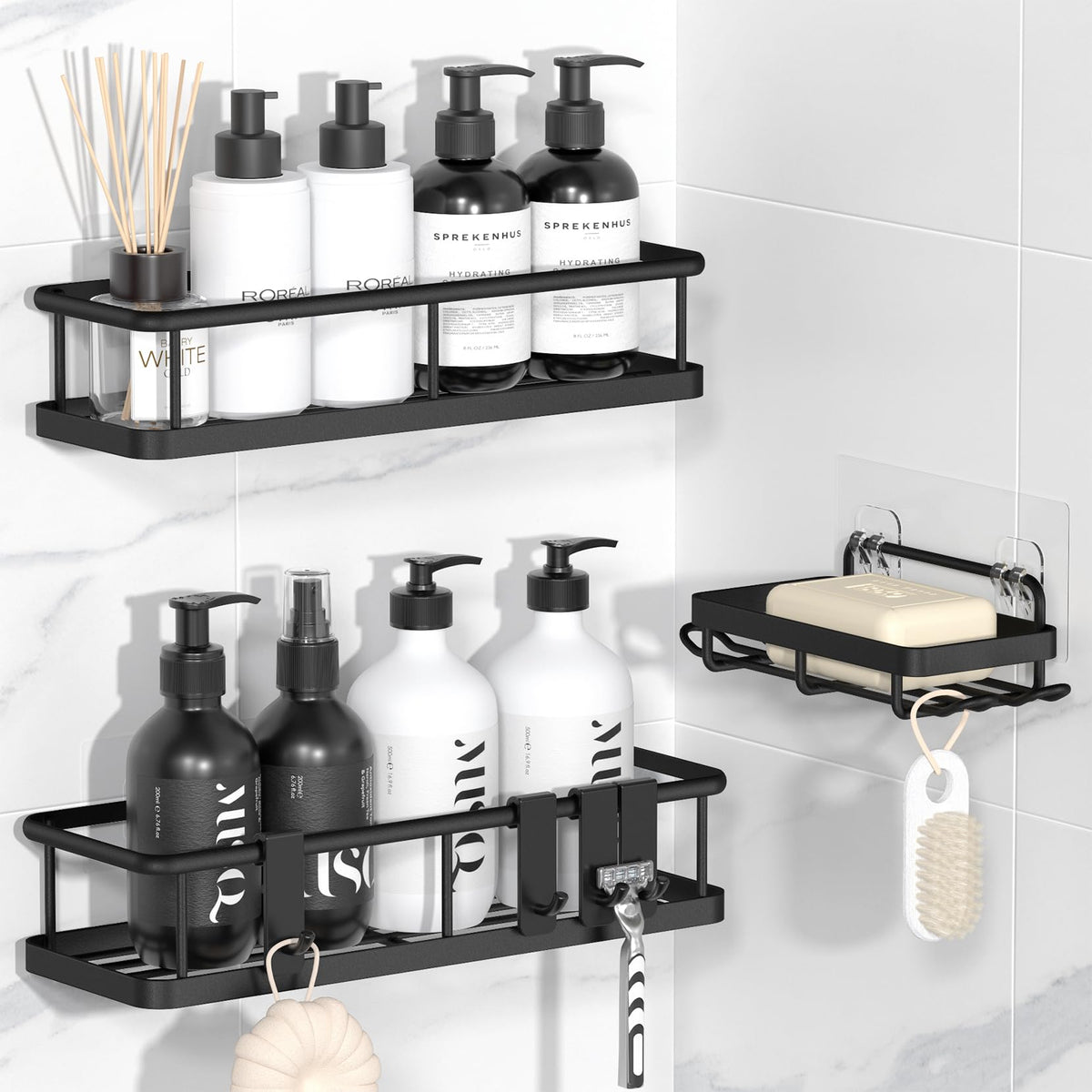 Yasonic Shower Caddy Adhesive, No Drill Bathroom Shower Organizers, With Removable Hooks And Soap Holder, Rust Proof Shower Shel