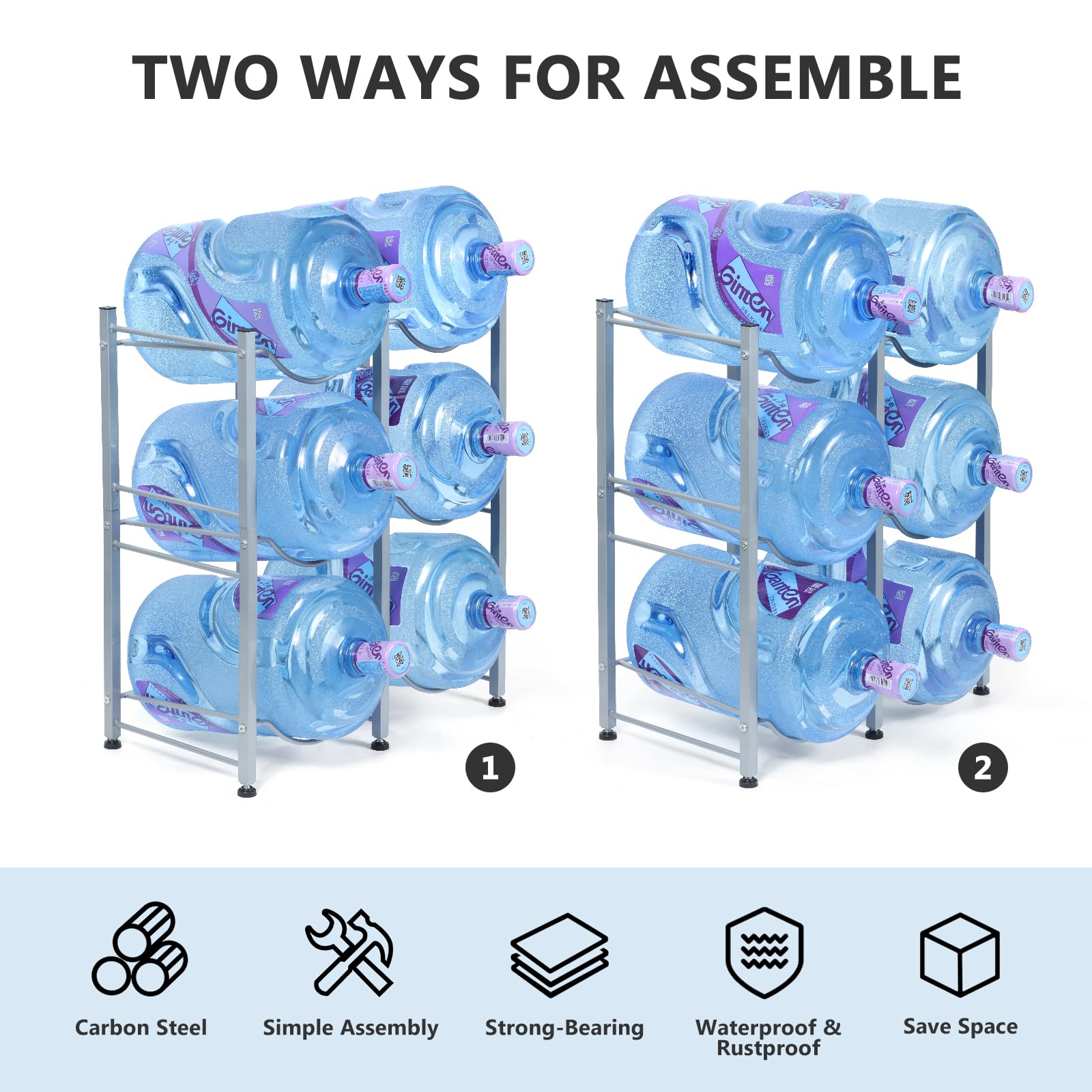 Nandae Water Cooler Jug Rack, 3-Tier Heavy Duty Water Bottle Holder Storage Rack 5 Gallon Water Jug Holder For 6 Bottle, Sliver