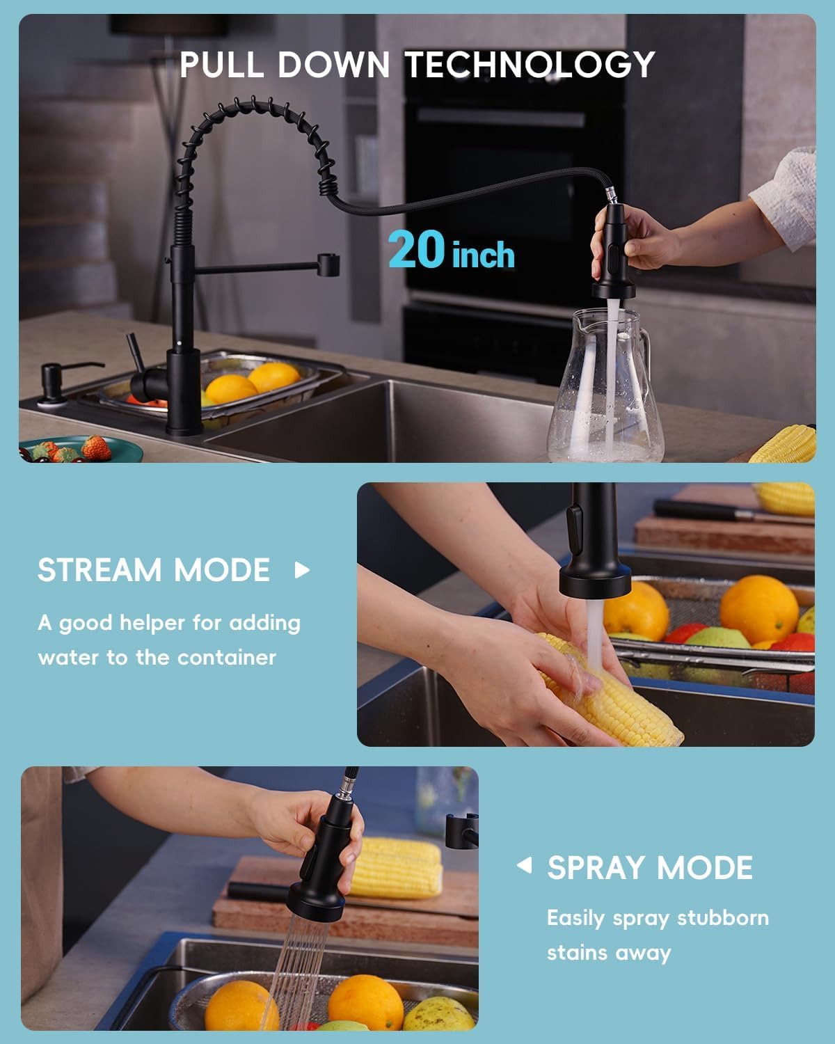 APPASO Black Kitchen Faucet with Soap Dispenser  Pull Down Stainless Steel Commercial Single-Handle Spring Faucet for Kitchen Sink with Deck Plate  Matte Black