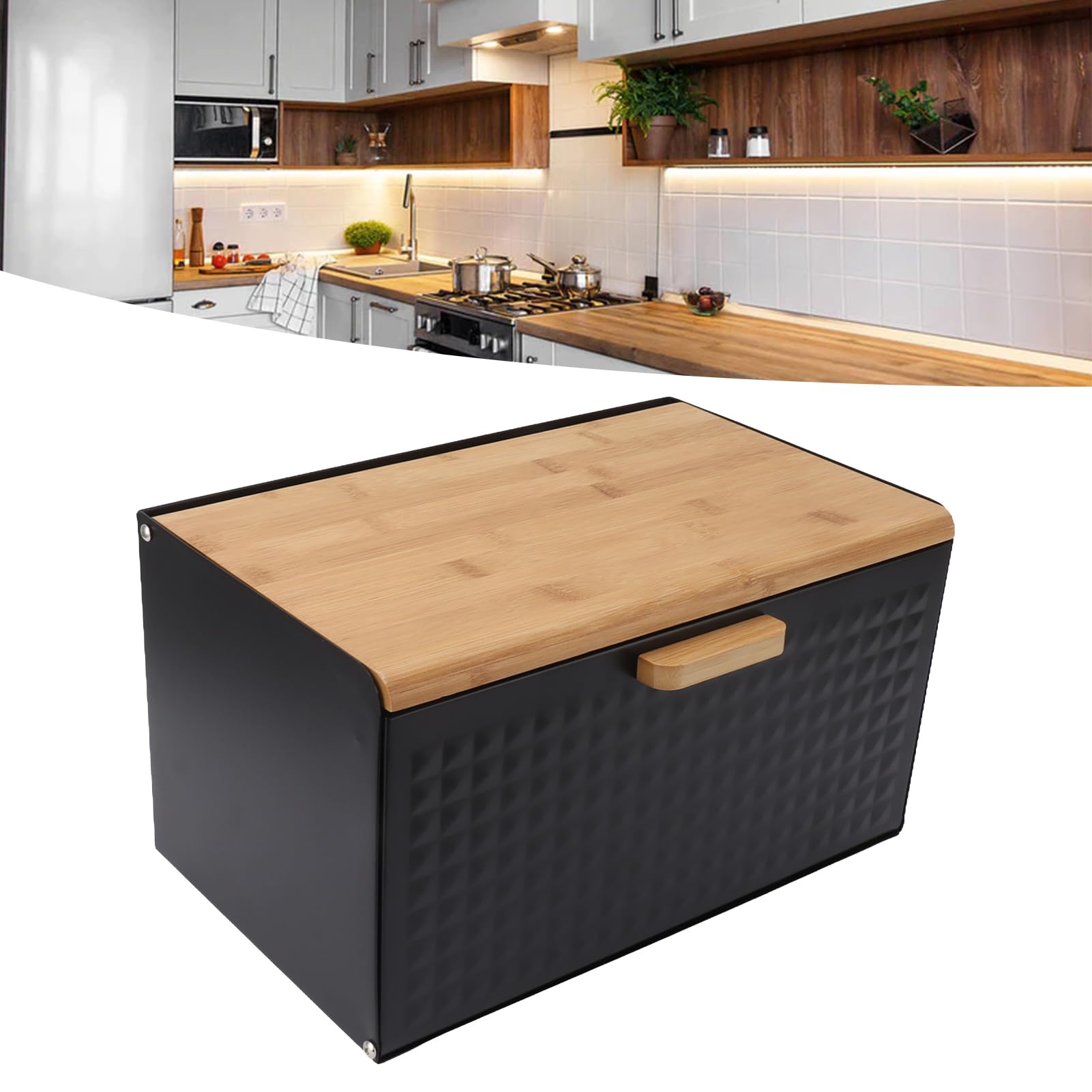 Fdit Wooden Bread Box Baking Overweight Storage Box Square Lid Bin Vintage Large Capacity Bamboo Wood Iron Bread Loaf Trash Garb