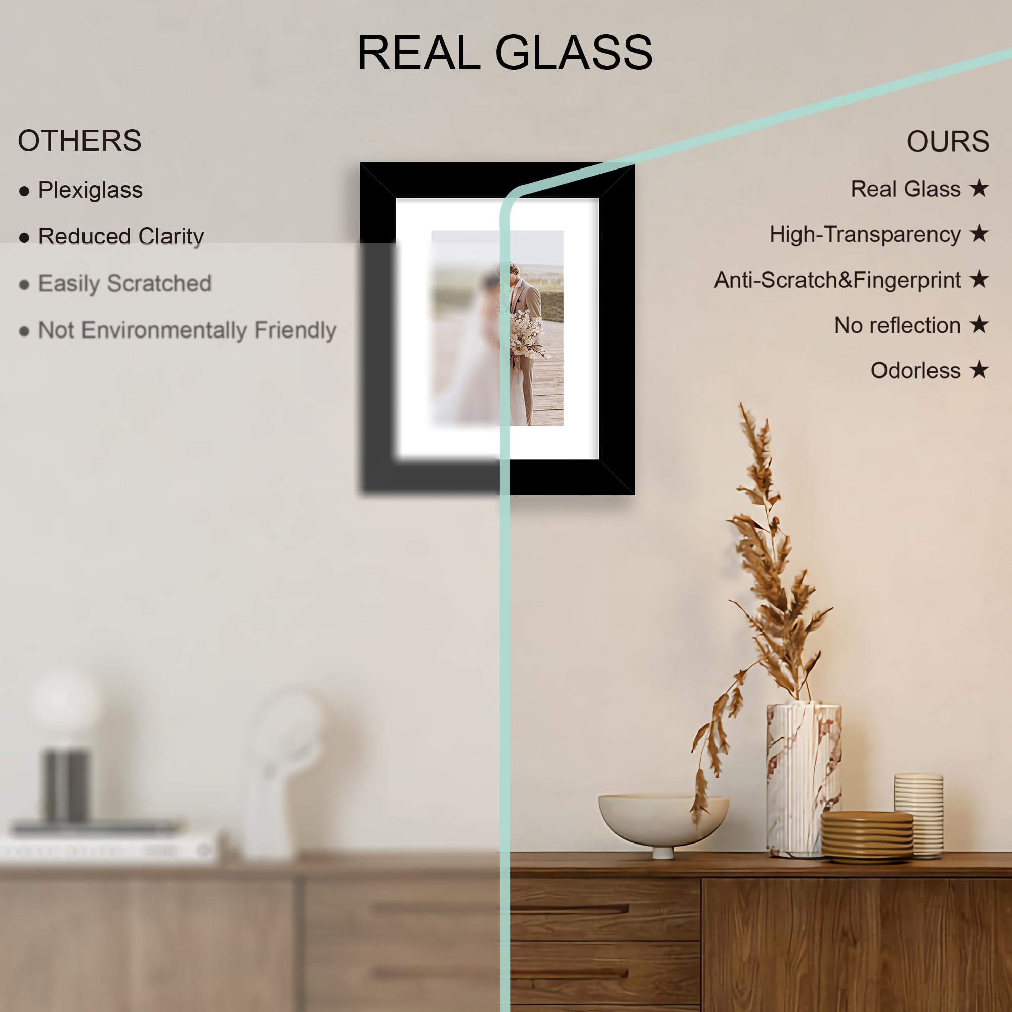 Hongkee 6x8 Picture Frame Set of 4, Made of Real Glass and Black Frame - Display Picture 4x6 with Mat or 6x8 Without Mat, 6 by 8