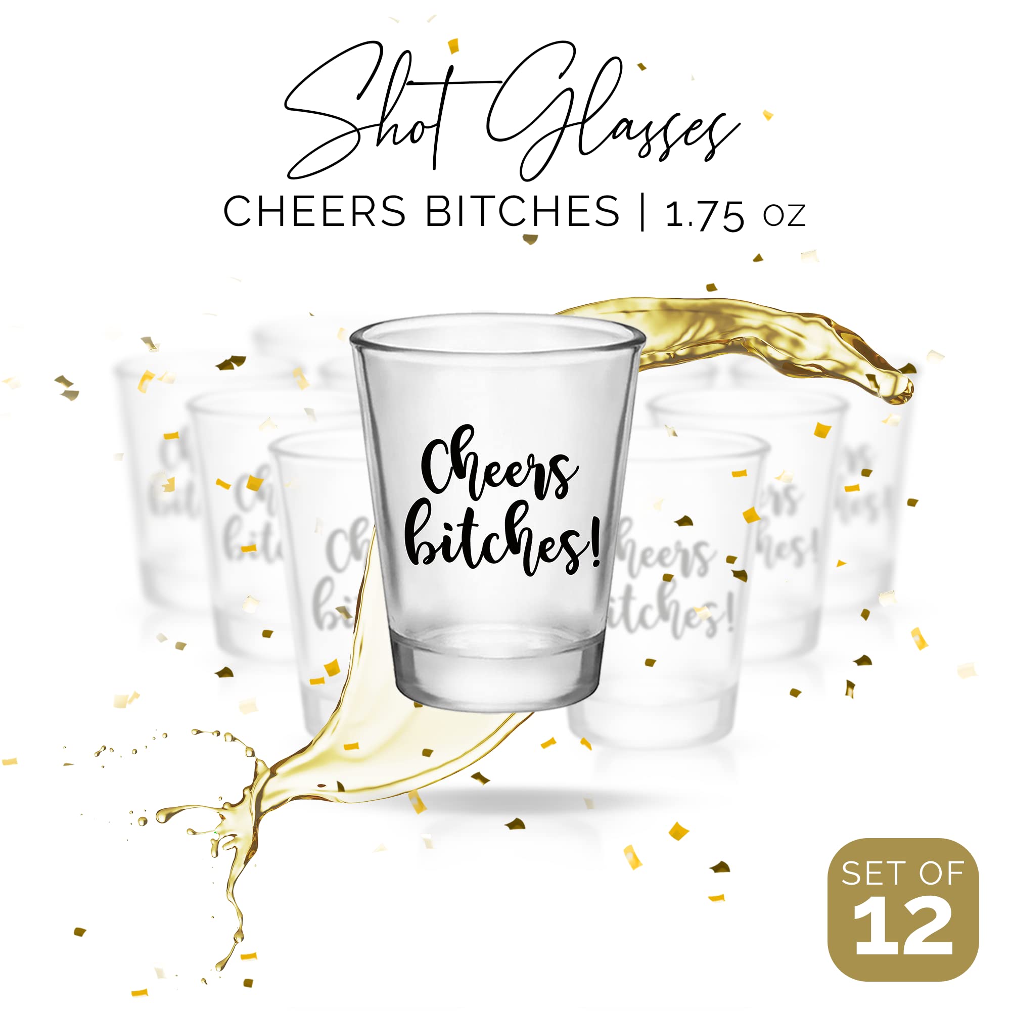 Cheers Bitches! Girls Shot Glass, 1.75Oz - Set Of 12 Perfect Birthday Shot Glasses For Women, Bachelorette Party Shot Glasses, F