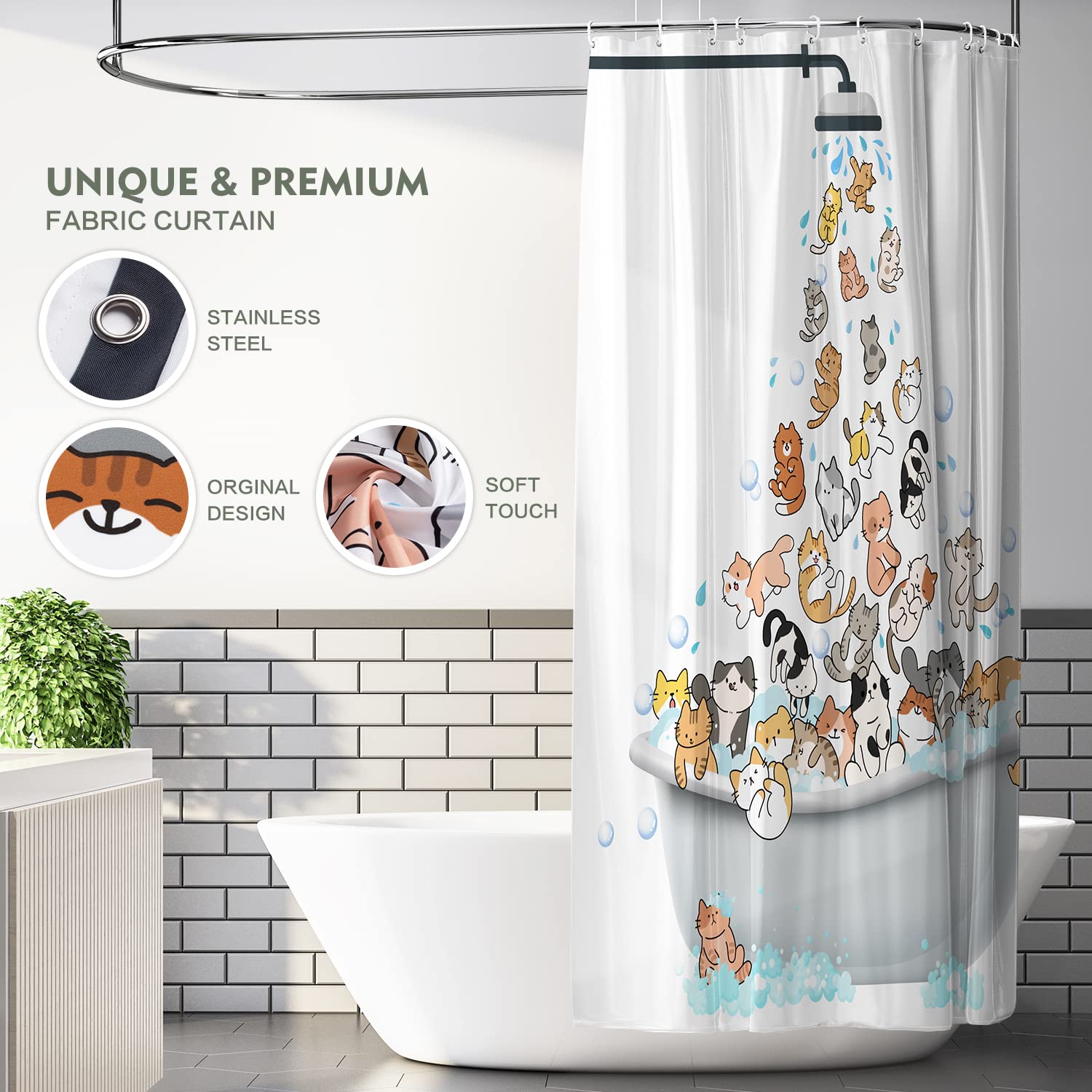 Lokigo Funny Cat Shower Curtain Cute Cartoon Kids Shower Curtain 72Wx72H White Shower Curtains For Bathroom Waterproof Polyester