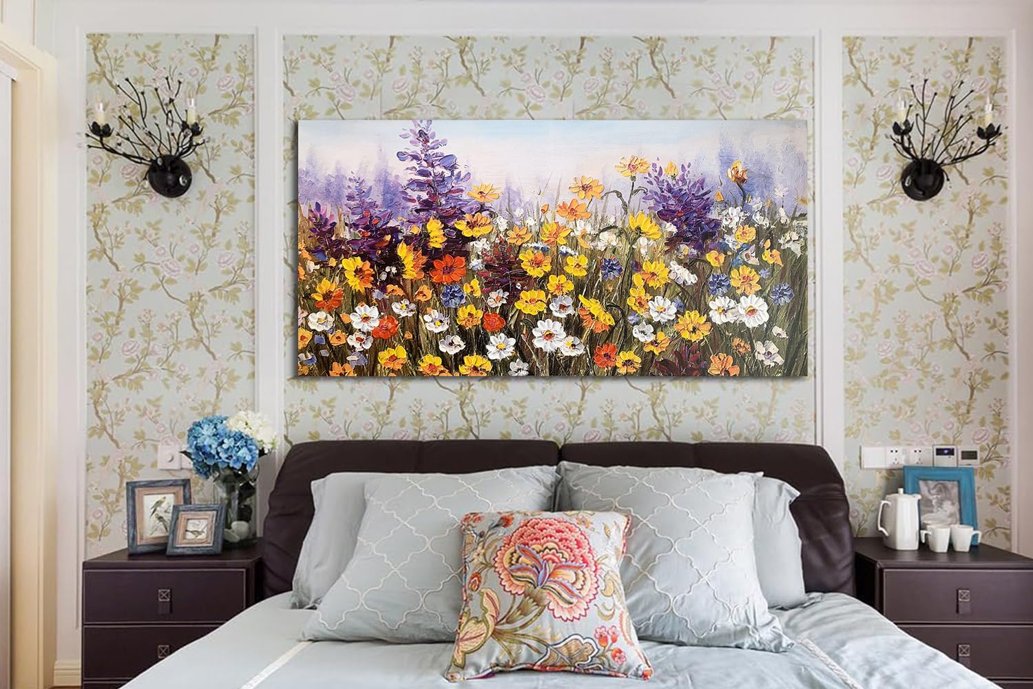 Ardemy Flowers Wall Art Canvas Daisy Colorful 3d Textured Picture Landscape Wildflowers Painting  Purple Yellow Floral Artwork Large Framed for Living Room Bedroom Bathroom Office Home Decor 48''x24''