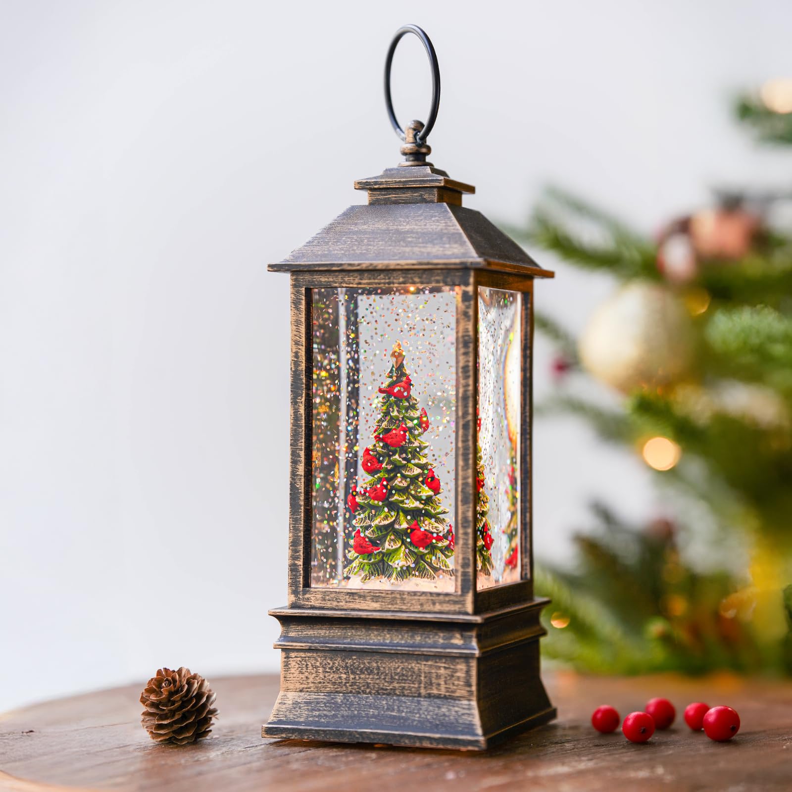 VISFLAIR 10 Lighted Christmas Tree Cardinal Music Snow Globe Water Lantern with Swirling Glitter Decoration for Christmas Home