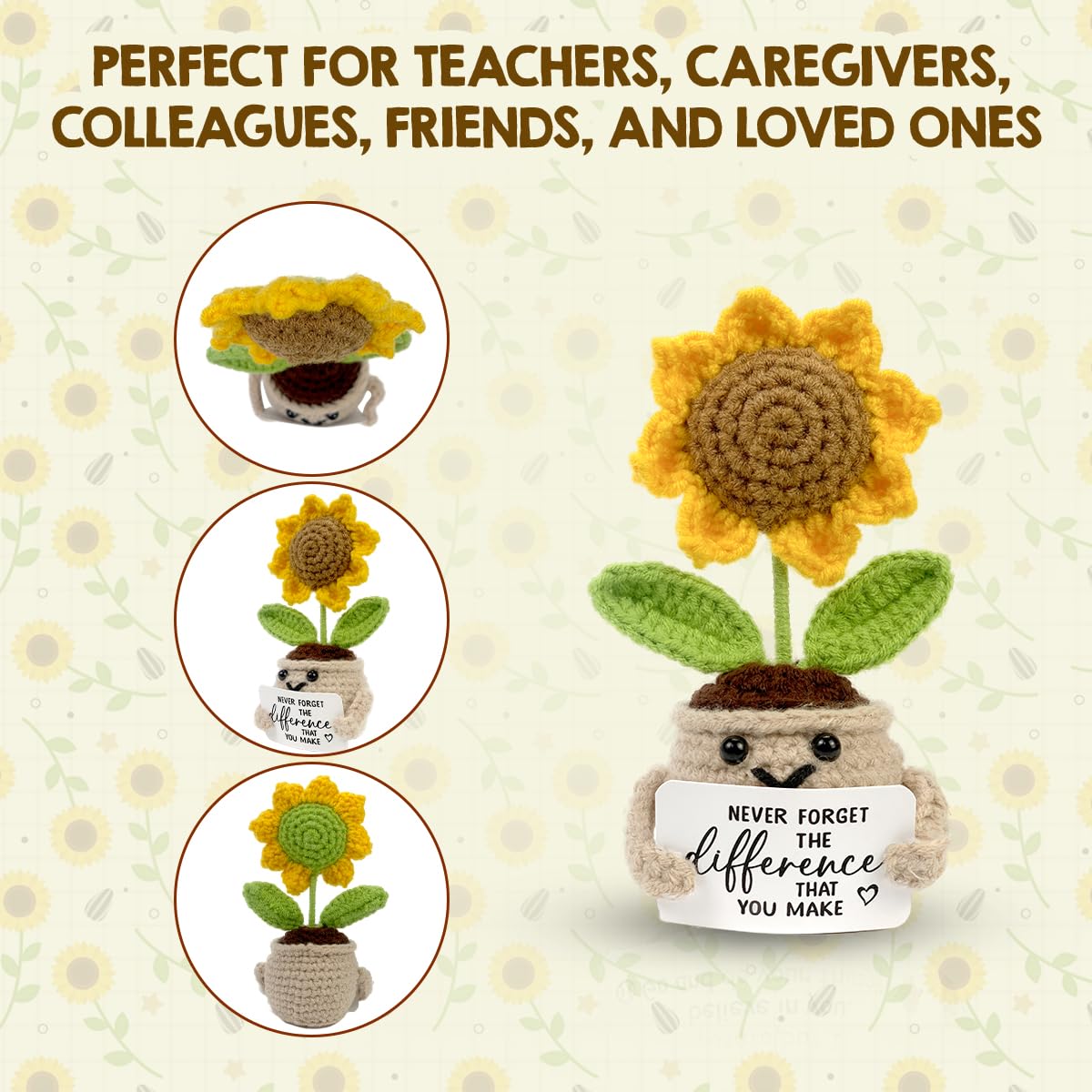 Tiny Detalles Mini Positive Crochet Sunflower, Cute Cheer Up Gifts for Women, Crochet Plant with Optimistic Card for Nurse Teach