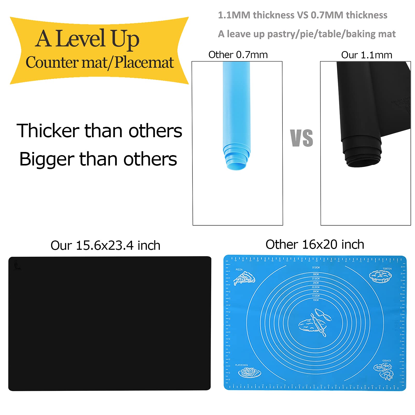 Folksy Super Kitchen Thick Silicone Counter Mat, Heat Resistant, 23.4"x15.6", Black, Model: silicone mat 01