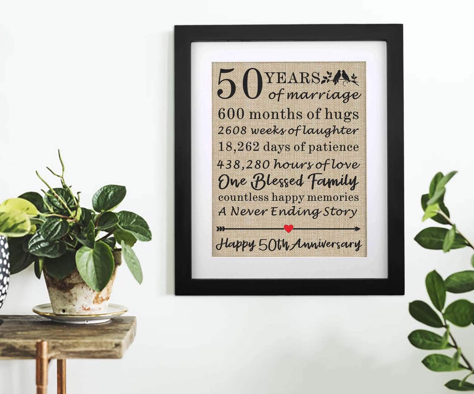 Framed 50th Anniversary Burlap Print Gifts for Grandma & Grandpa Golden Anniversary Decorations for Parents 50th Wedding Anniversary Keepsake Gift for Mom & Dad Gifts (Frame - 50th)