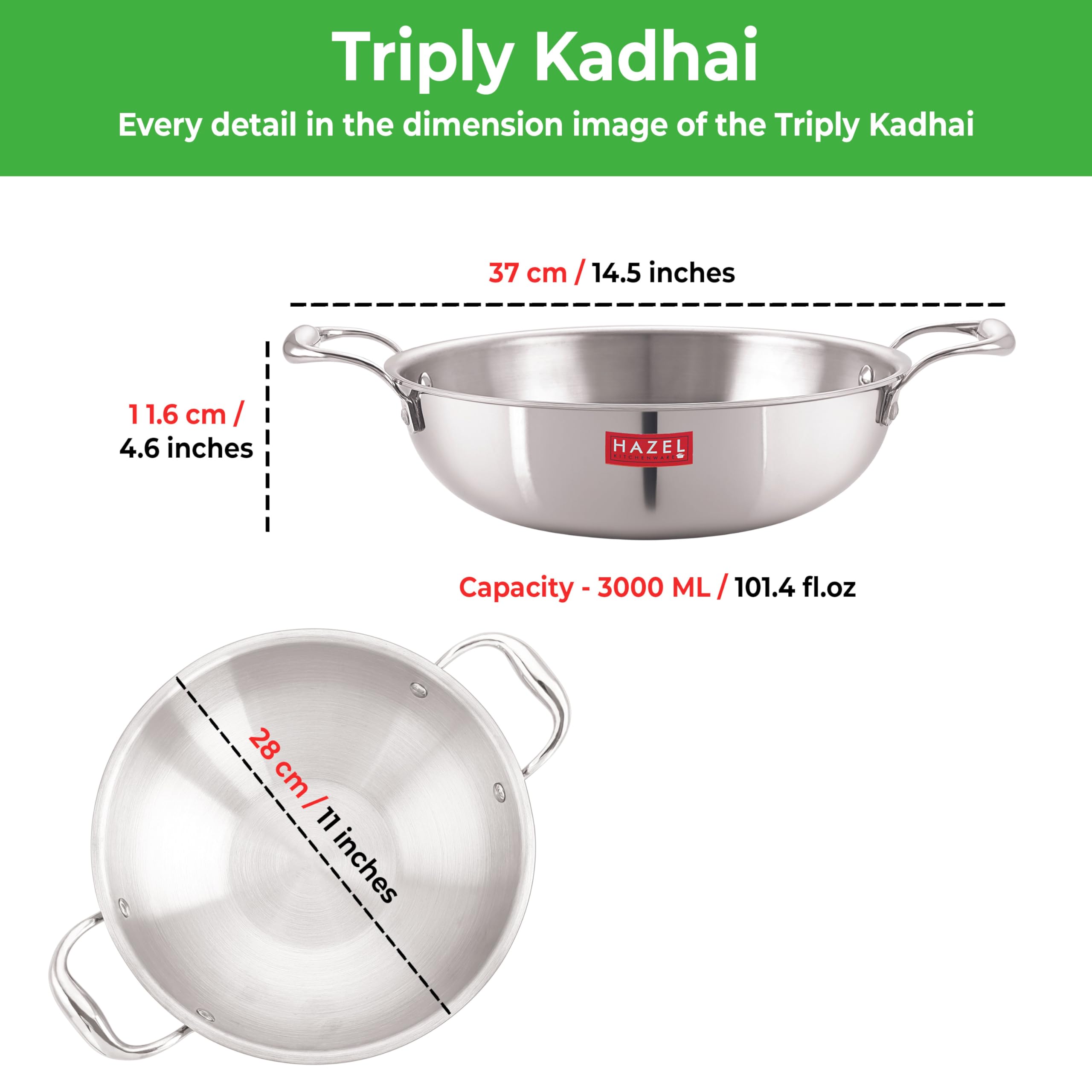 Hazel Tri Ply Stainless Steel Deep Pan With Lid |Triply Cookware Kadai With Induction Base For Cooking & Serving (101.5 Fl.Oz.)