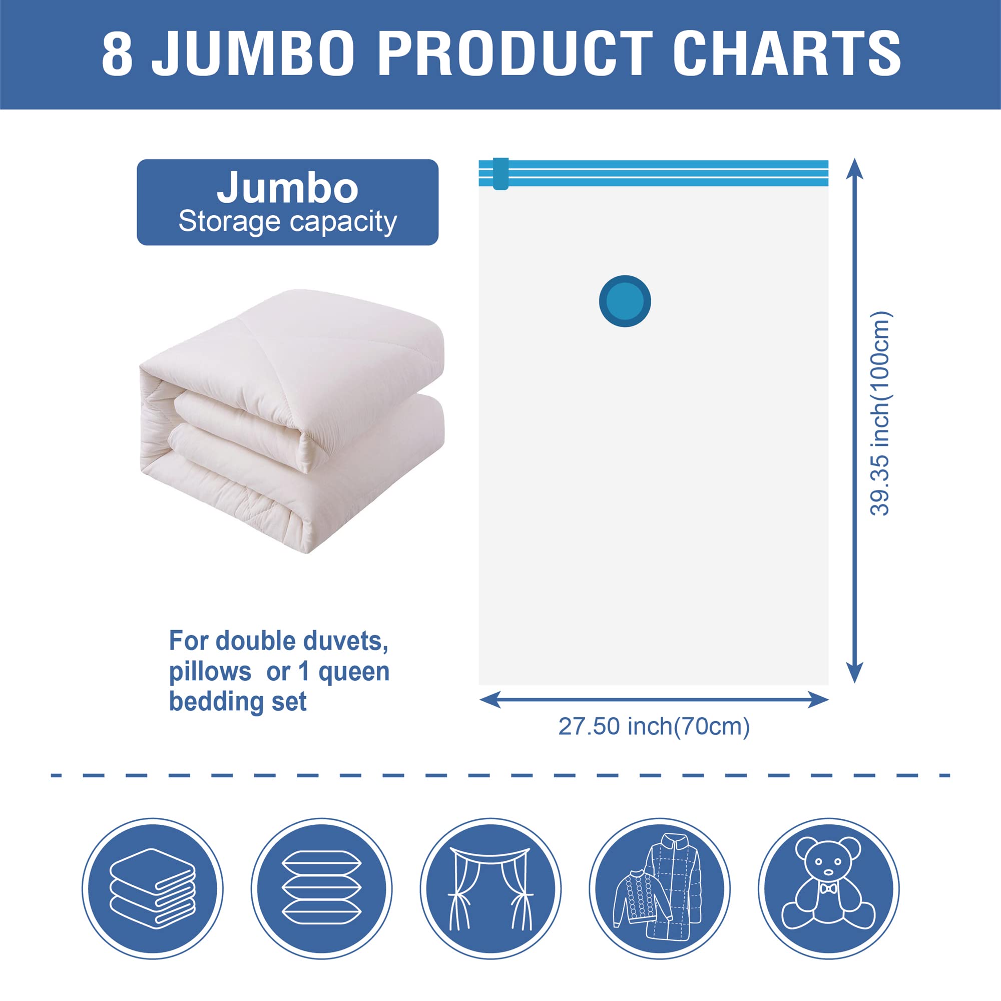 8 Jumbo Vacuum Storage Bags  Space Saver Bags Compression Storage Bags for Comforters and Blankets  Vacuum Sealer Bags for Clothes Storage  Hand Pump Included